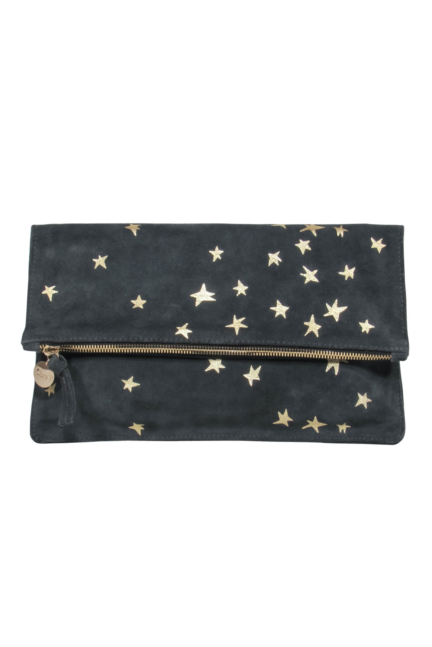 Clare V. - Stylish Grey Suede Pouch with Eye - Catching Metallic Gold Stars and Zippered Top