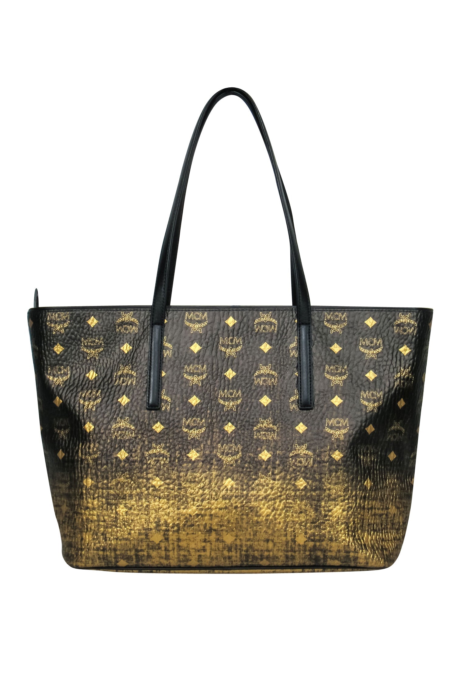 MCM - Stunning Black & Gold Pebbled Leather Ombre Monogram Print Tote