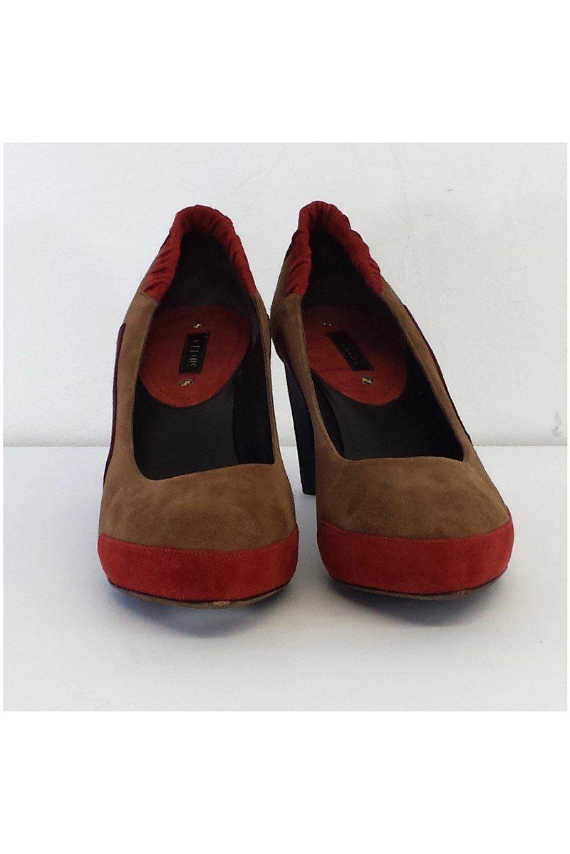 Gorgeous Celine Taupe & Coral Colorblock Suede Heels - Size 8.5, Grab Yours Now!