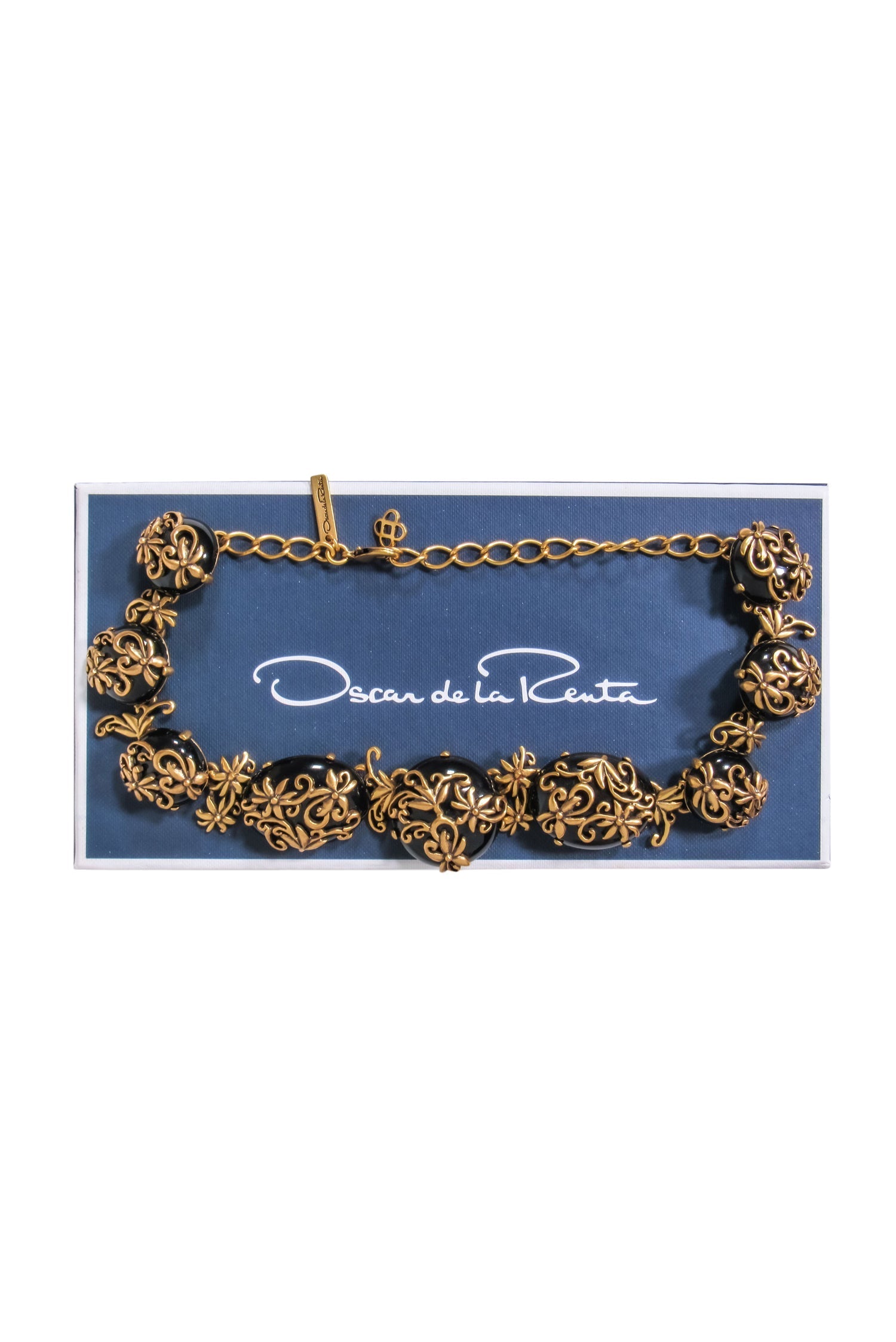 Oscar de la Renta Gold & Black Stone Flower Necklace - A Luxurious Statement Piece