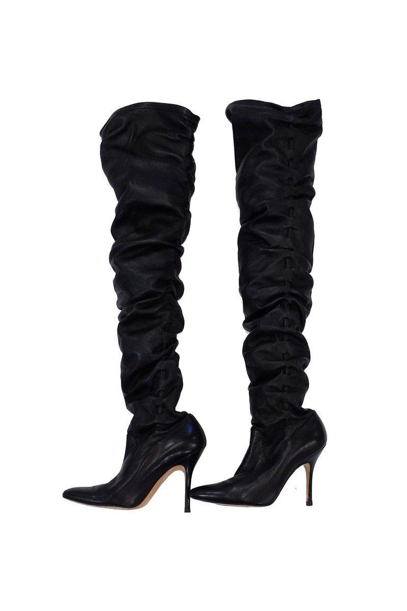 Manolo Blahnik's Stunning Black Leather Gathered Knee - High Boots in Size 5.5