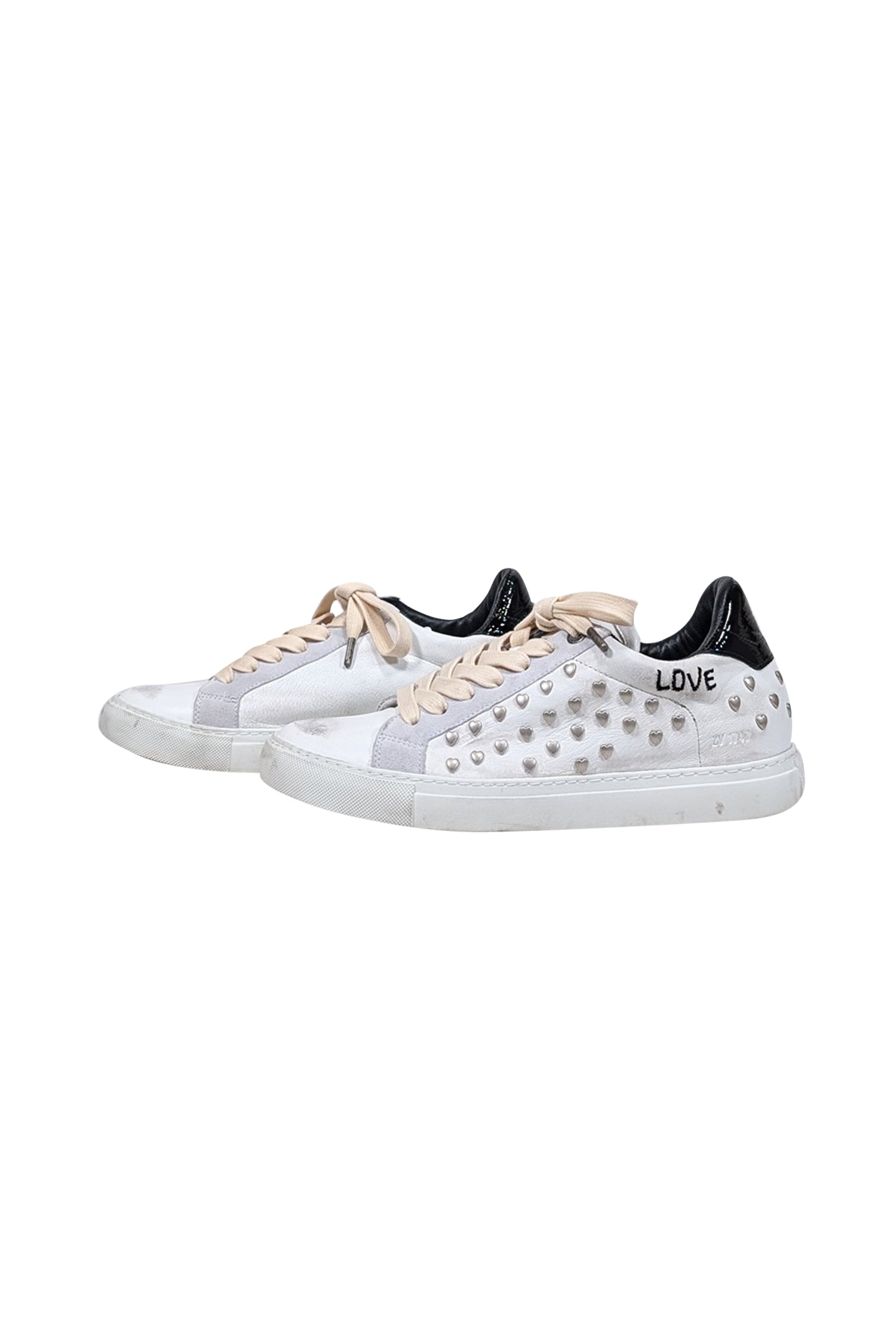 Zadig & Voltaire Distressed White Leather Heart-Embellished Sneakers - Size 9