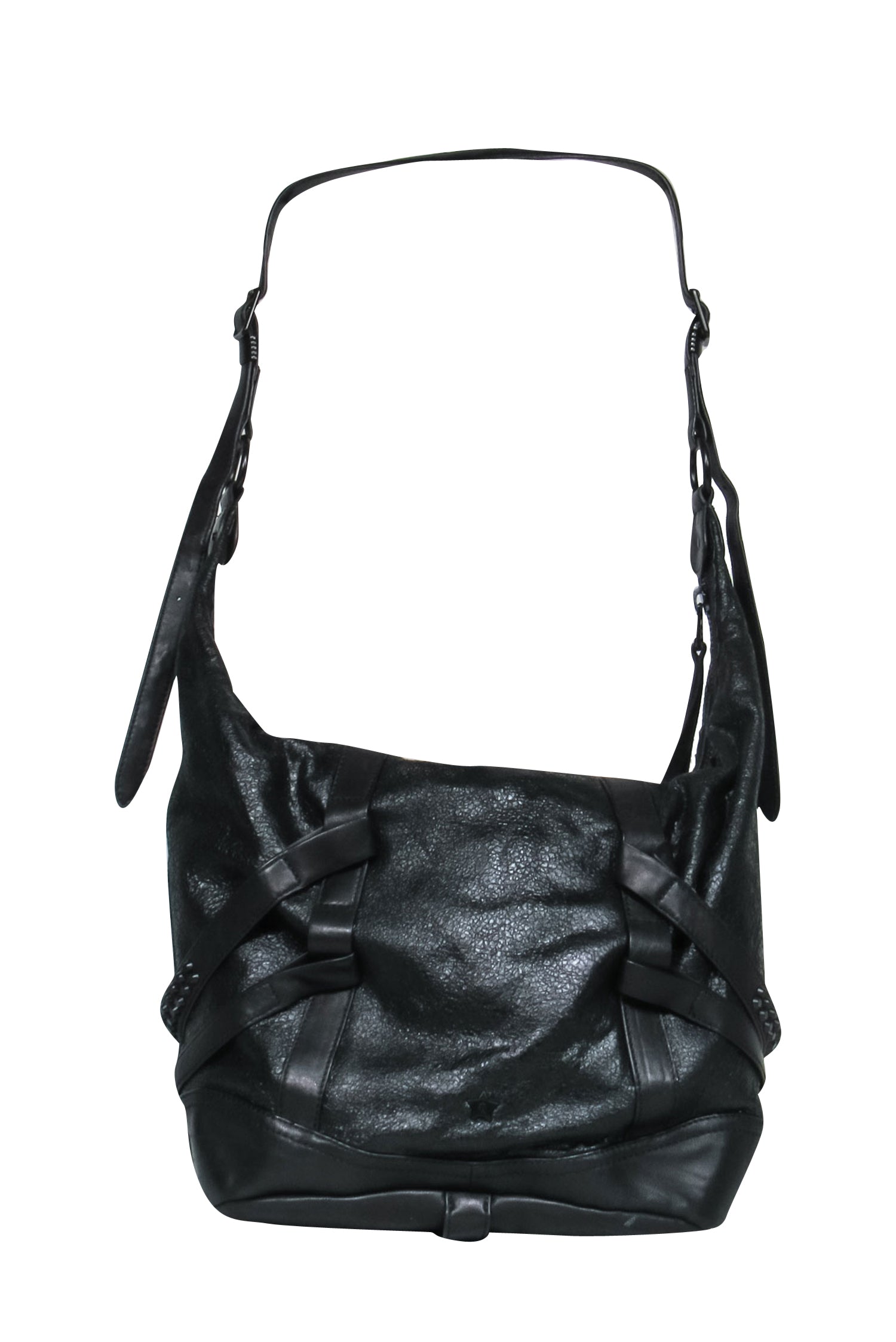 Ash Black Textured Leather Rocker Shoulder Bag with Buckles & Studs