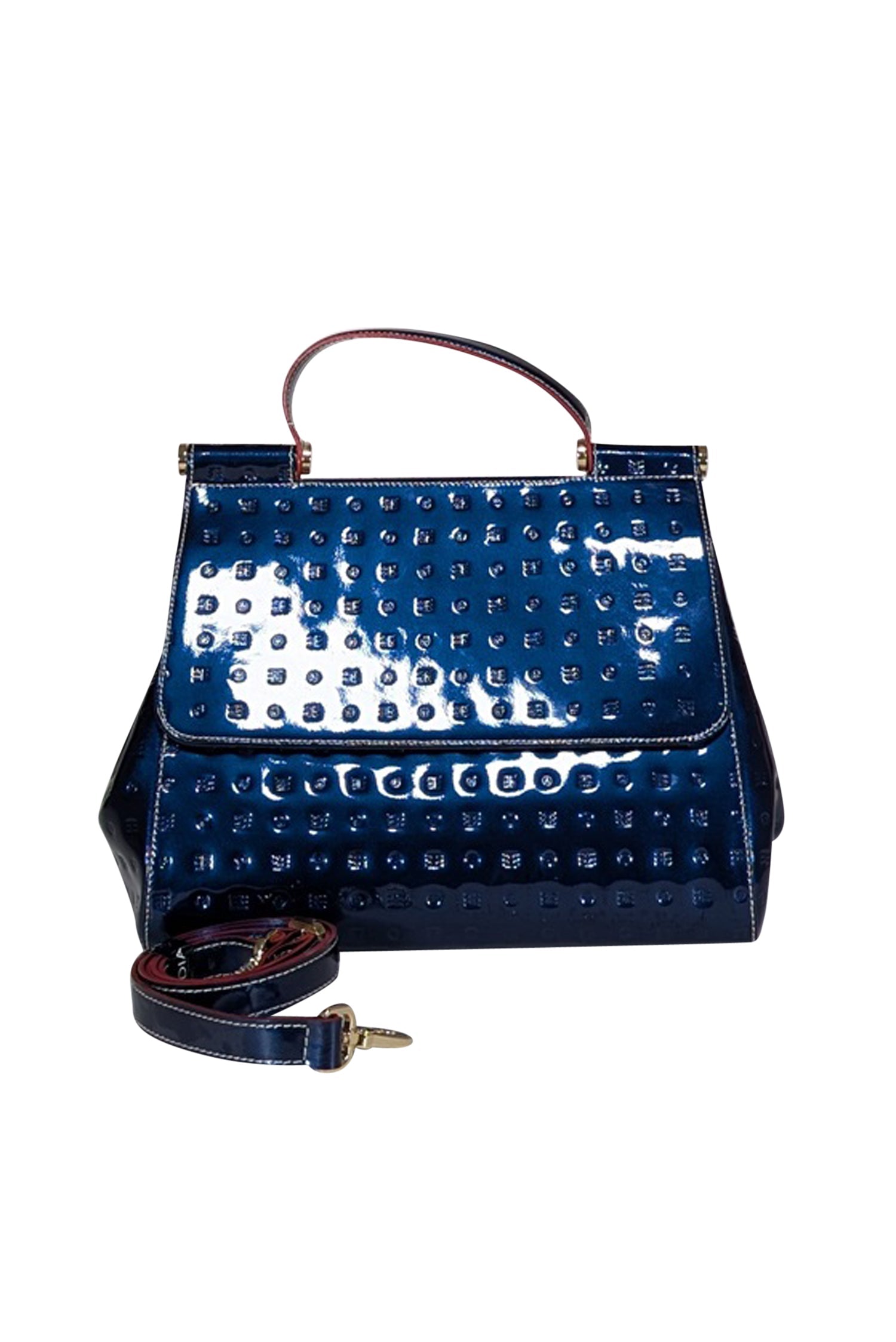 Arcadia Navy Patent Leather Embossed Fashion Satchel Bag