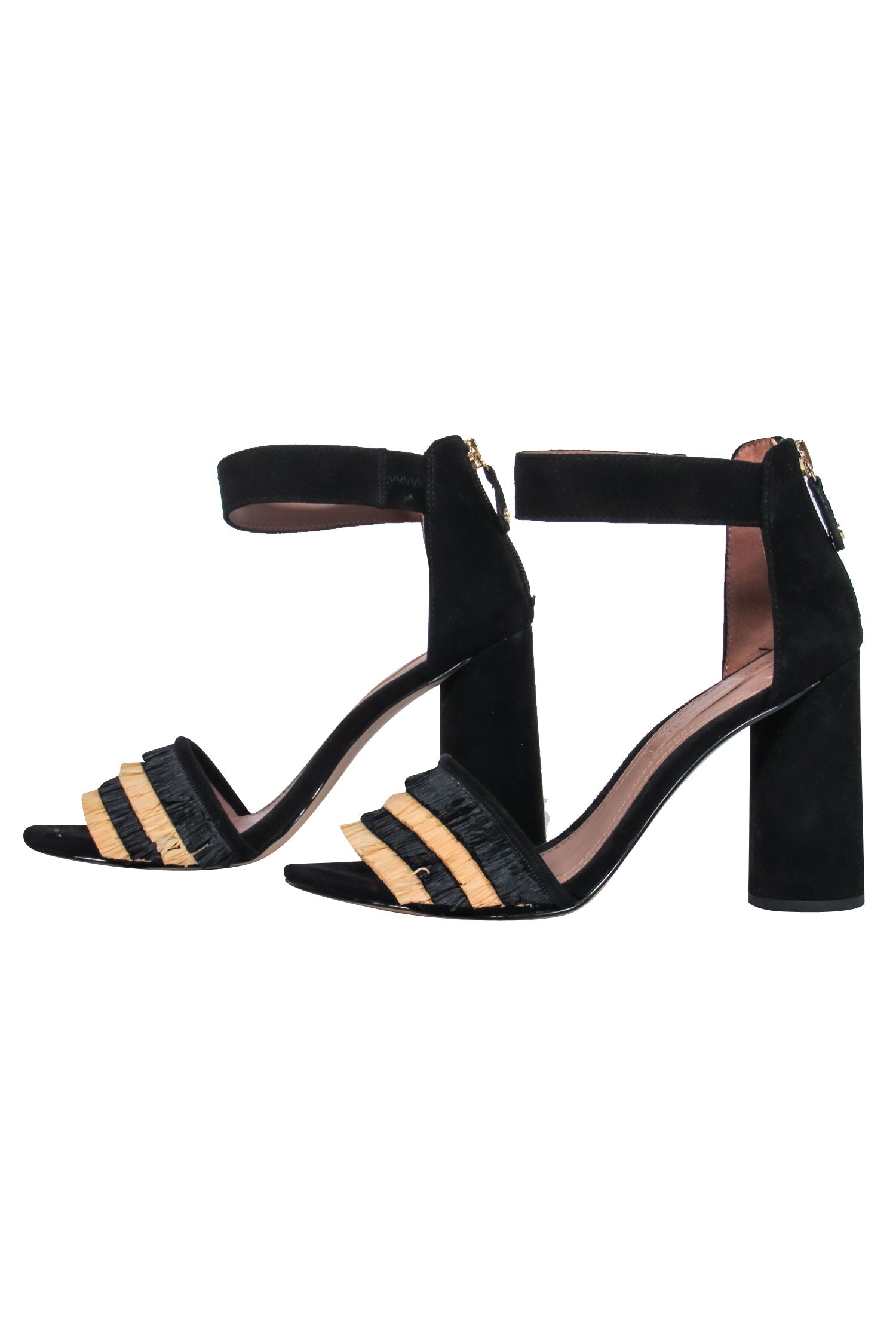 BCBG Max Azria Black Suede Open Toe Heels with Wicker Fringe - Size 7.5