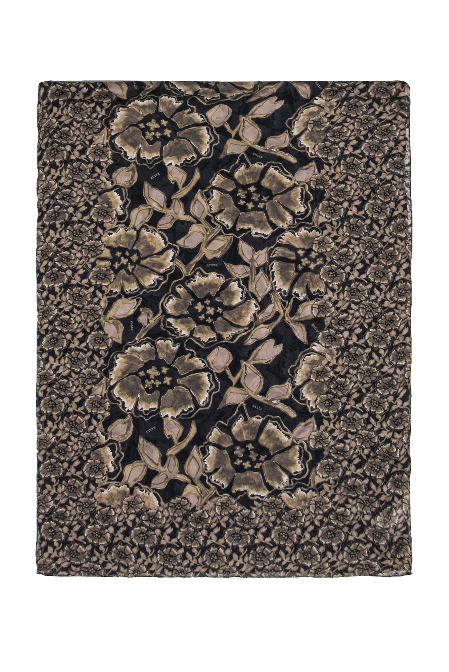 Bally - Exquisite Grey, Tan & Black Silk Floral Print Long Scarf