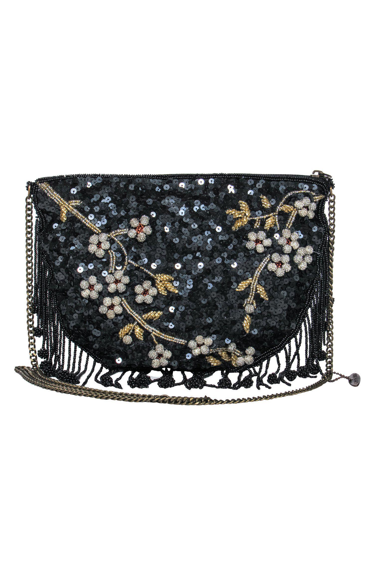 Mary Frances - Stunning Black Sequin & Beaded Floral Fringe Crossbody Bag