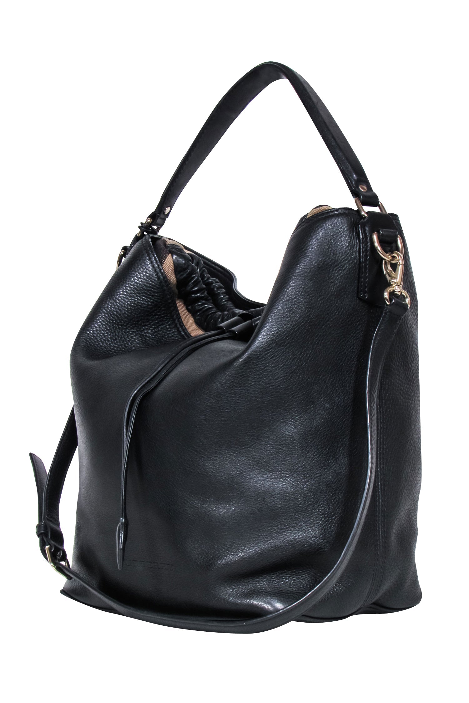 Burberry's Stunning Black Leather Large Bucket Bag with Signature Plaid Trim