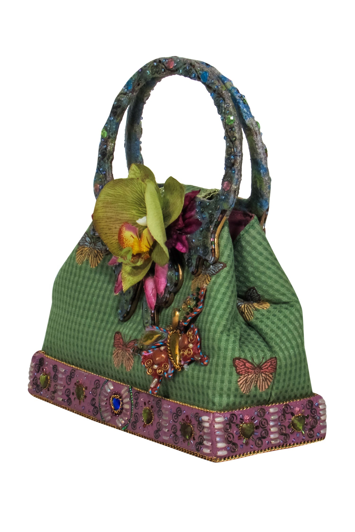 Mary Frances - Enchanting Green Mini Bag with Jewel & Floral Embellishments