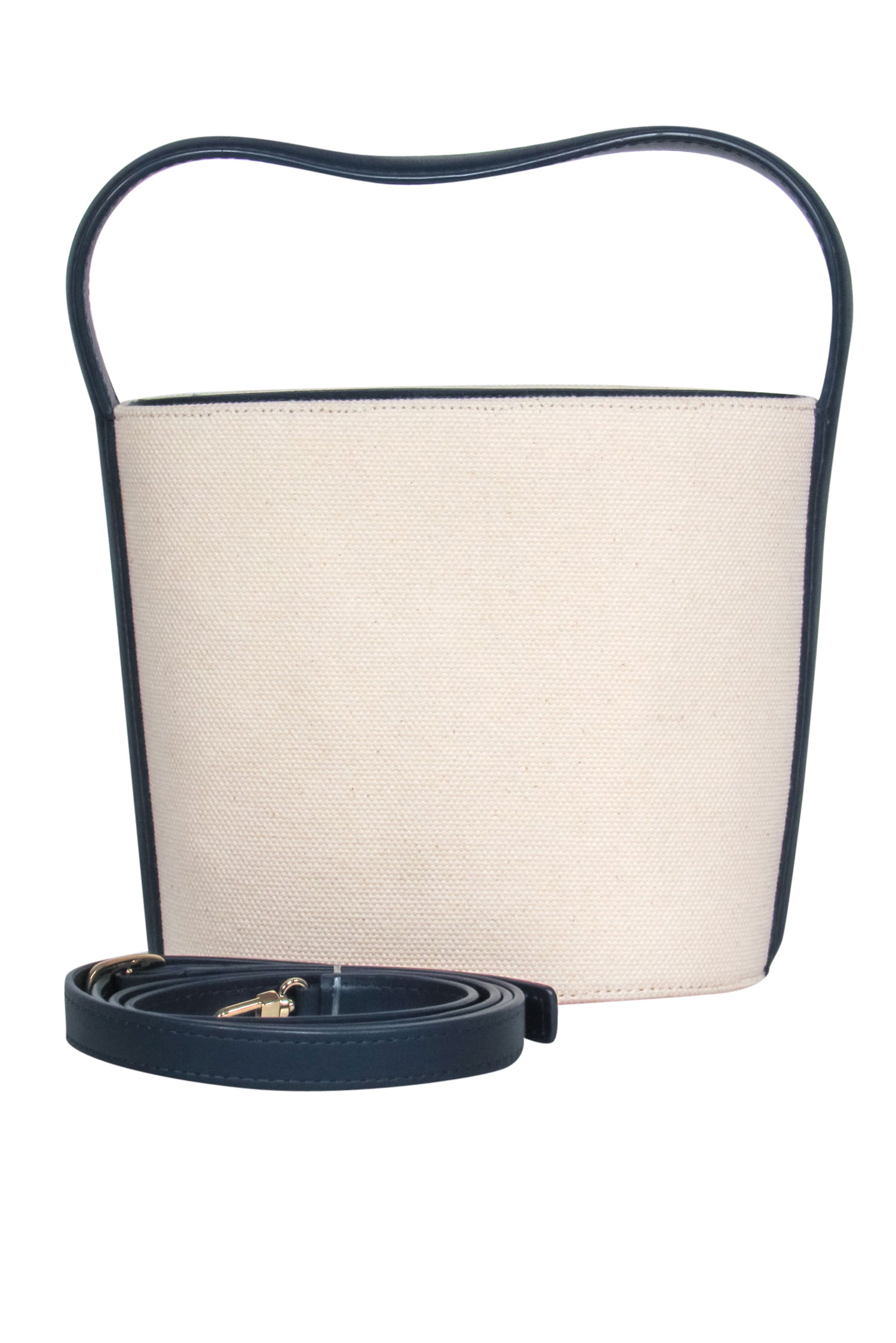 Staud's Tan Canvas & Navy Leather Bisset: The Ultimate Convertible Summer Bucket Bag