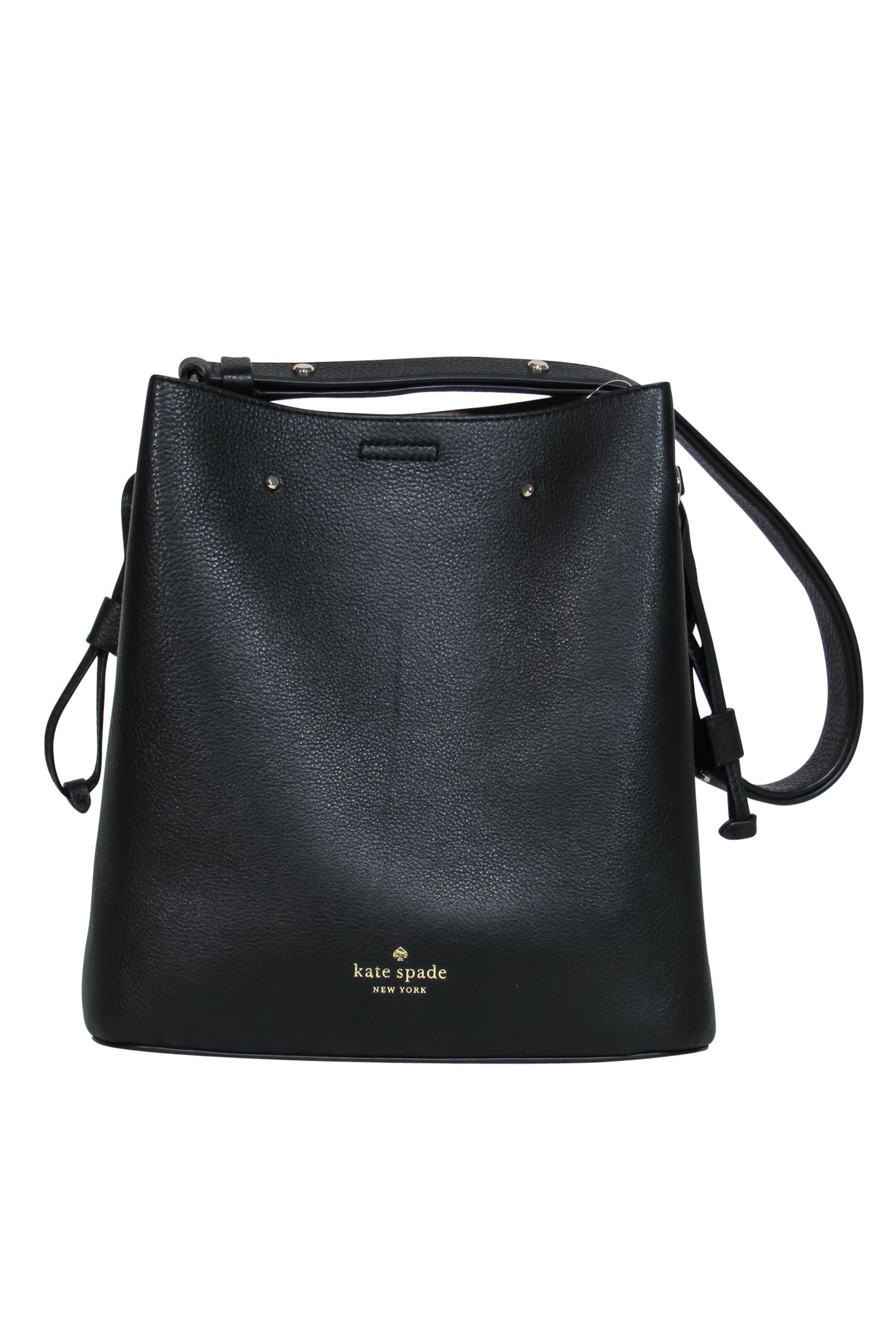 Kate Spade Black Pebbled Leather Marti Drawstring Bucket Bag with Iconic Spade Clasp