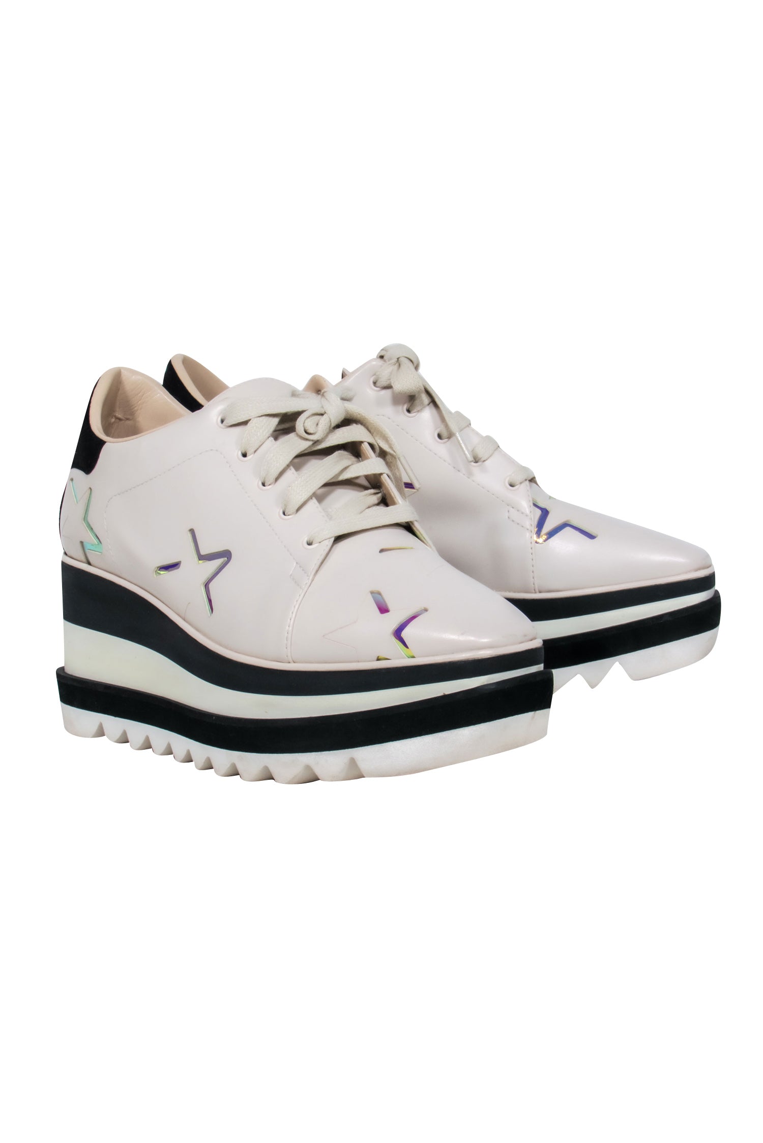 Stella McCartney - Glamorous Cream & Black Platform Sneakers with Iridescent Stars, Size 10