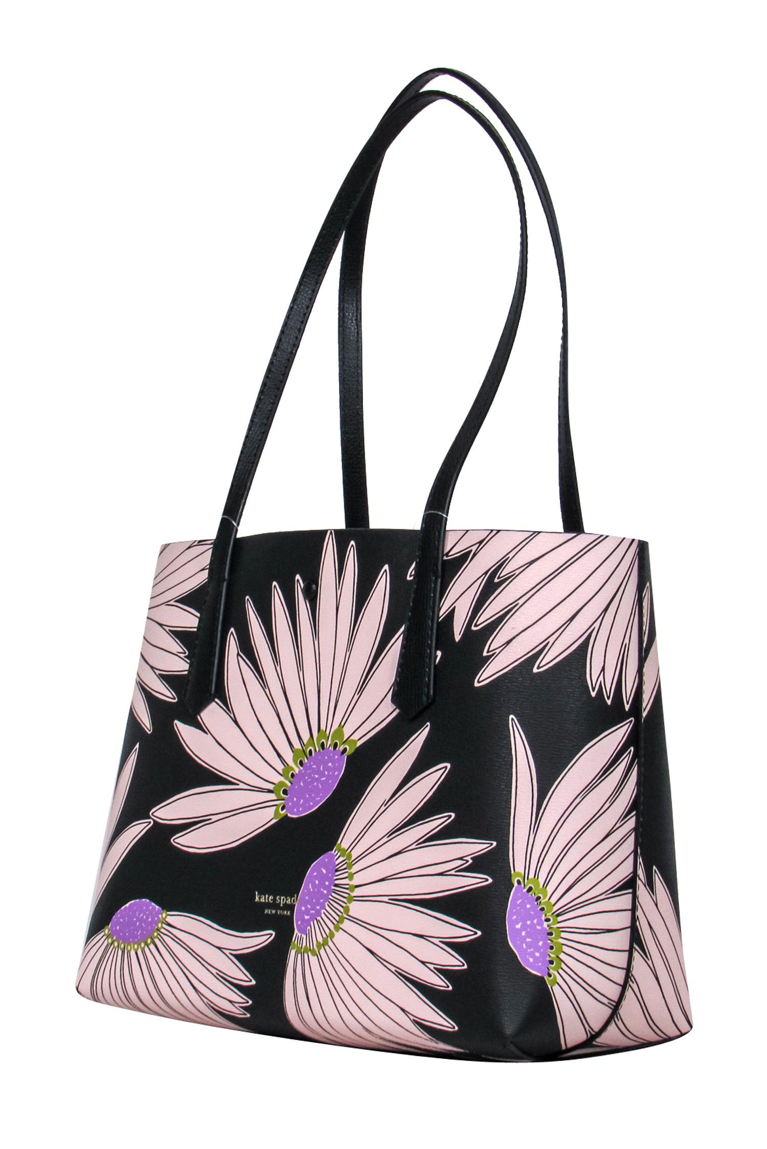 Kate Spade - Stunning Medium Tote with Blush & Purple Floral Design on Black