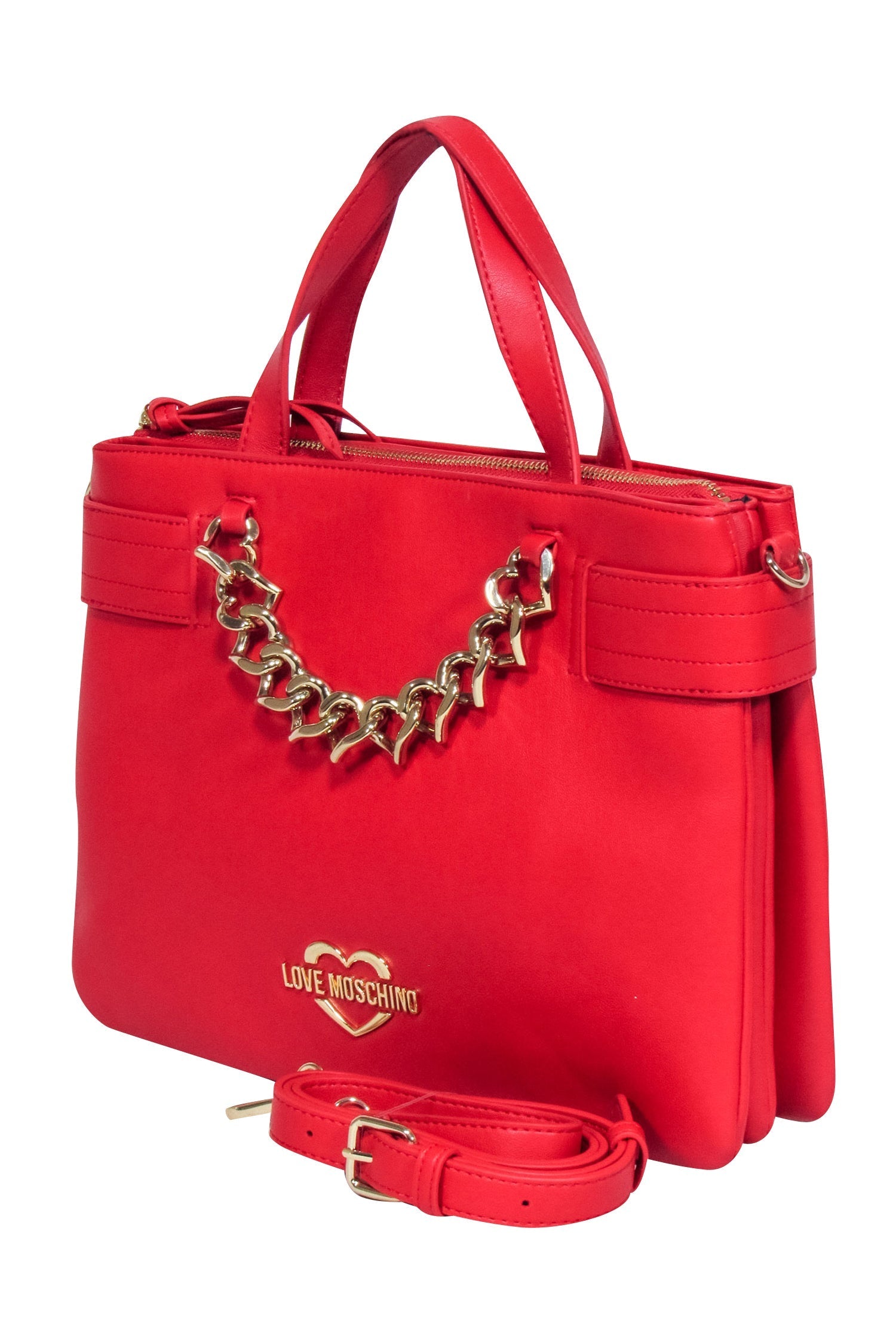 Love Moschino Red Faux Leather Satchel Bag with Gold Chain Heart Detail