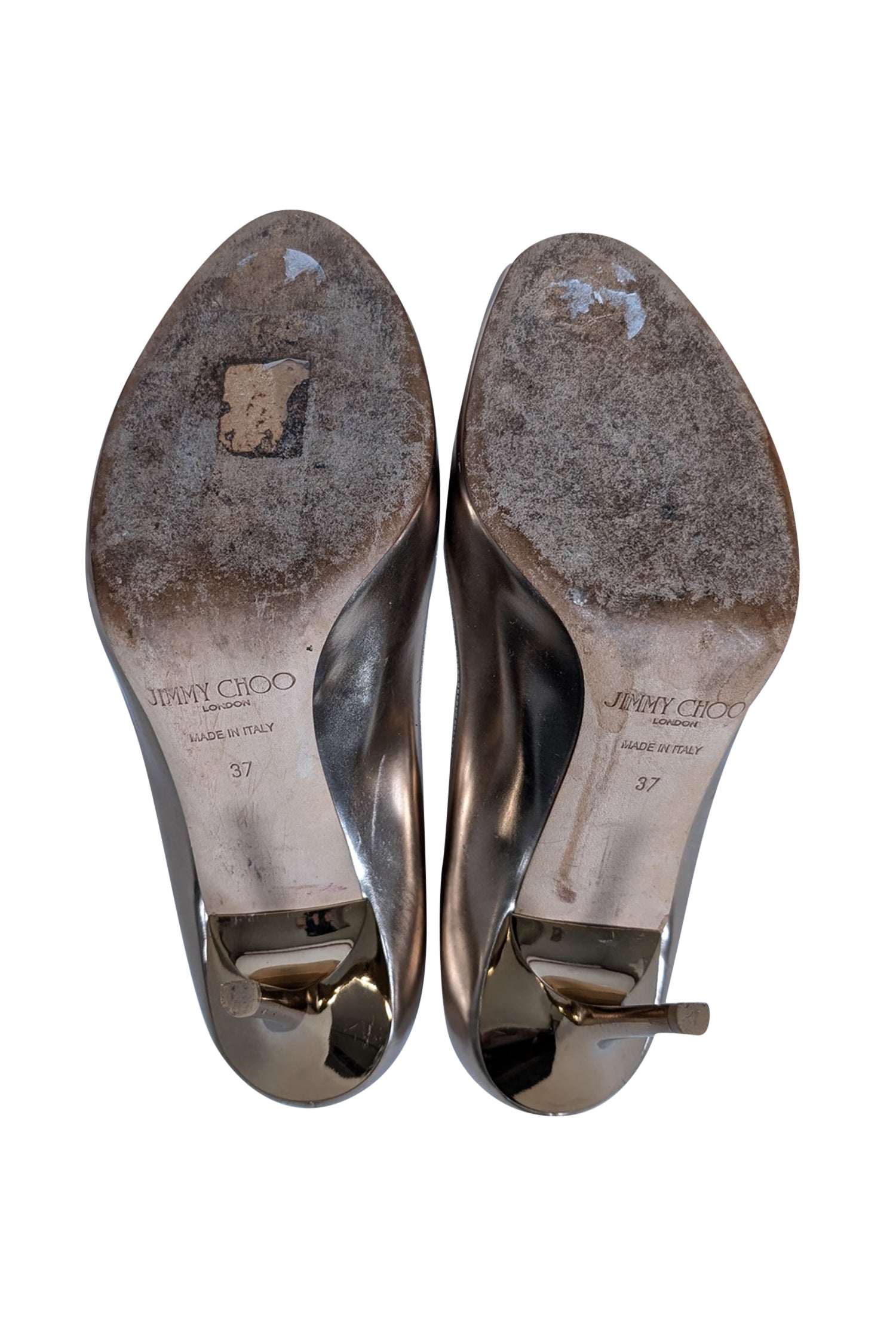 Jimmy Choo Metallic Gold Glam Peep Toe Pumps - Size 7