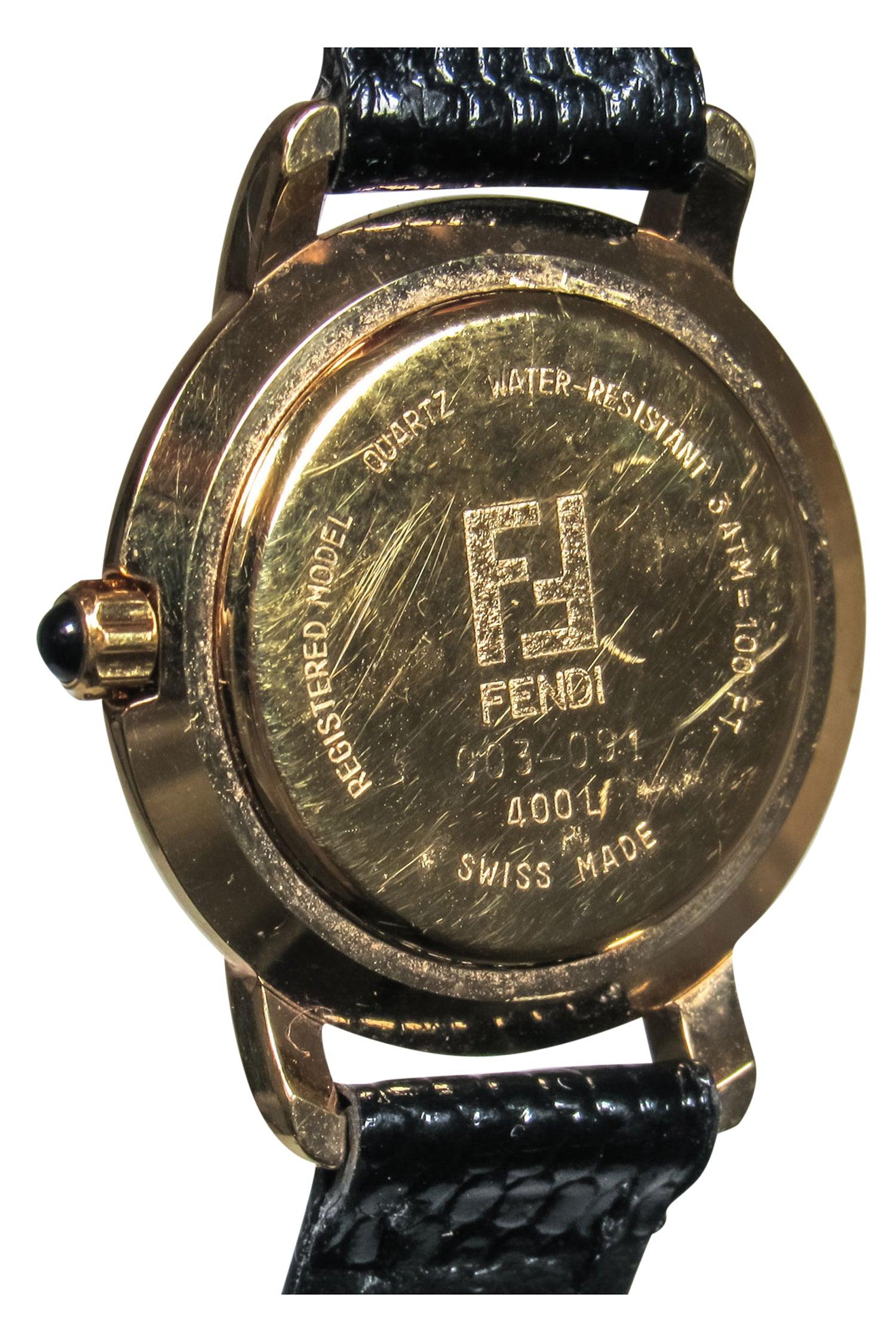 Fendi - Luxurious Black Snakeskin Embossed Leather Watch with Gold Trim