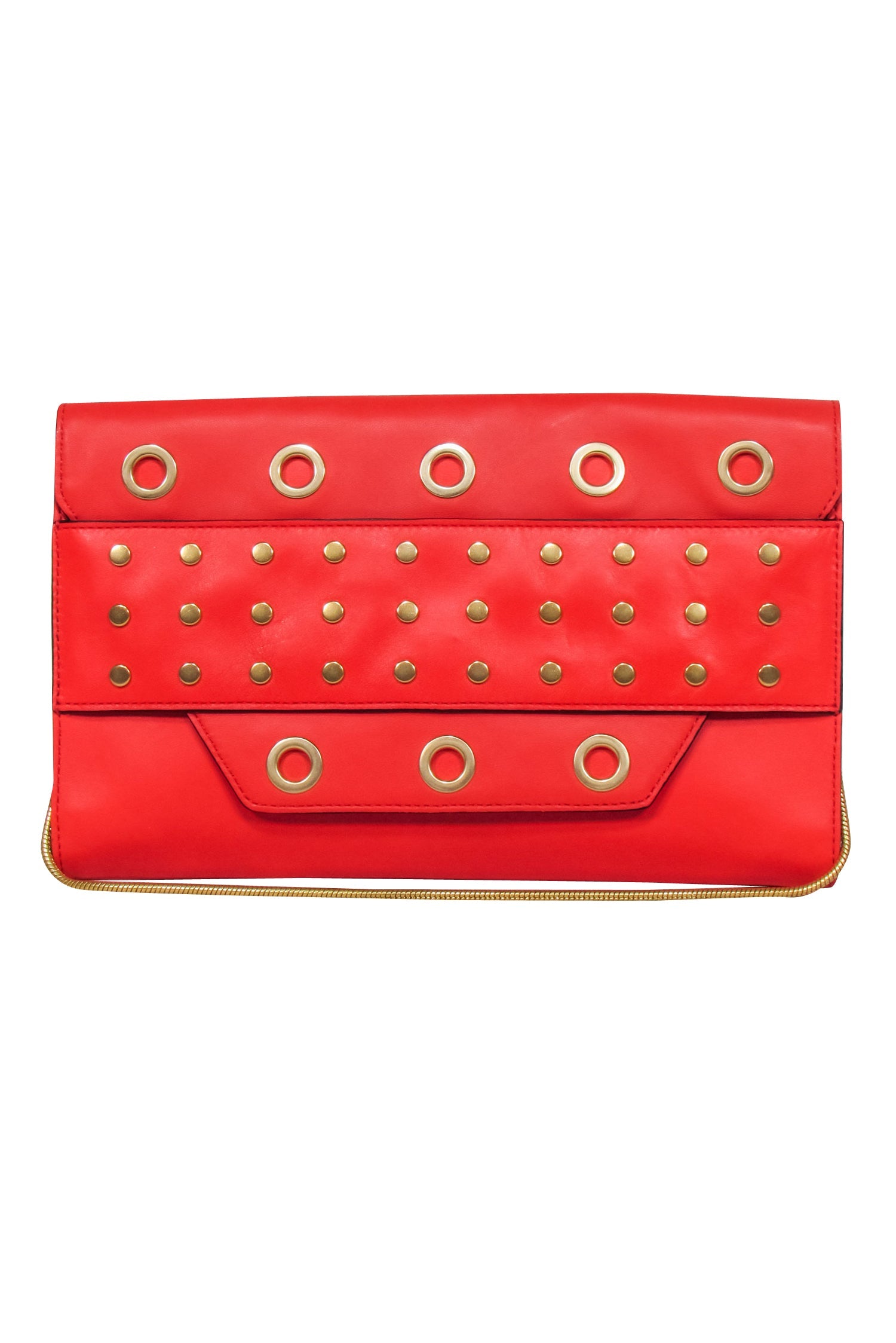 Milly Red Leather Clutch with Gold Grommets and Strap - A Bold Fashion Statement