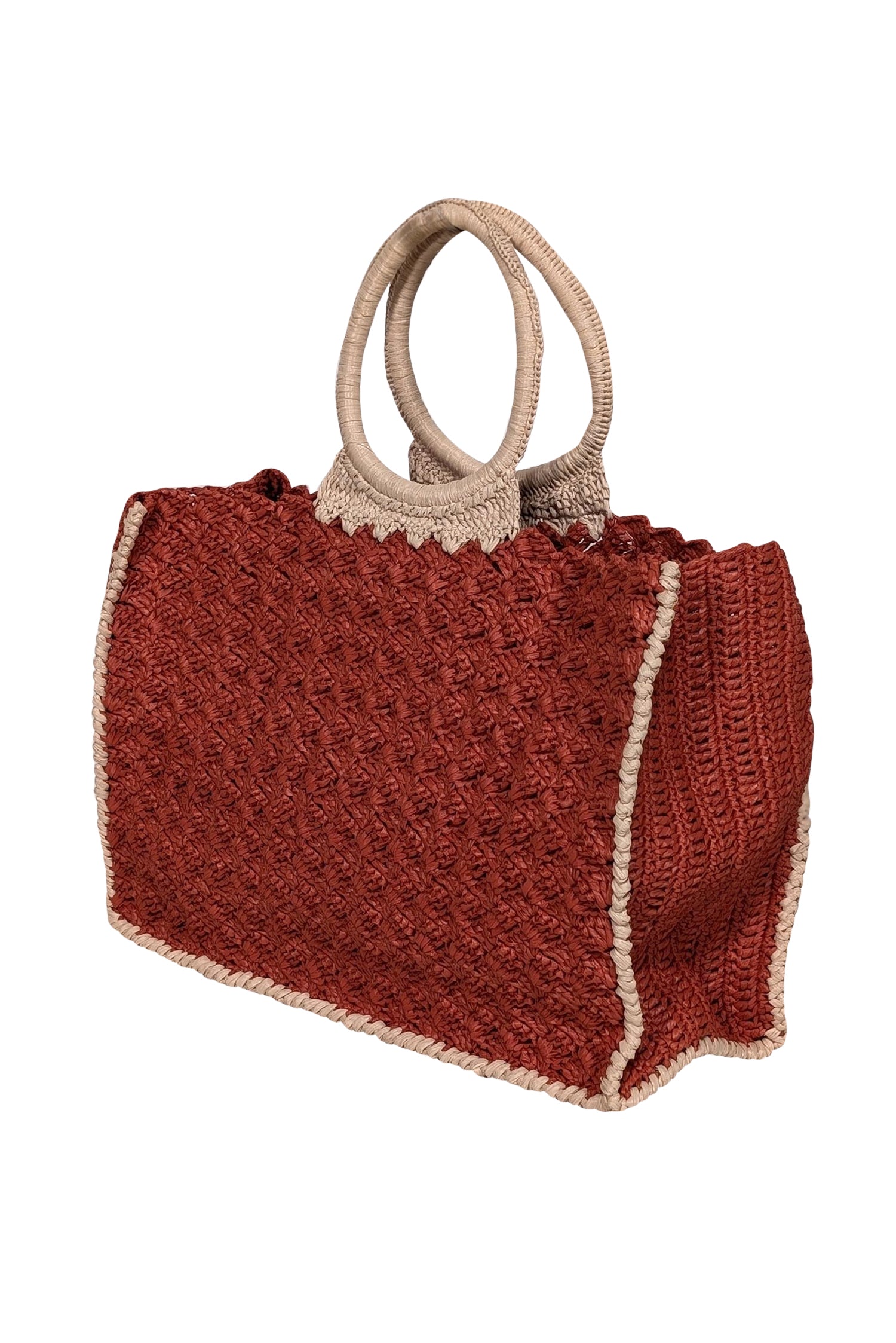 Carrie Forbes - Stunning Rust Orange & Beige Raffia Woven O Ring Handbag