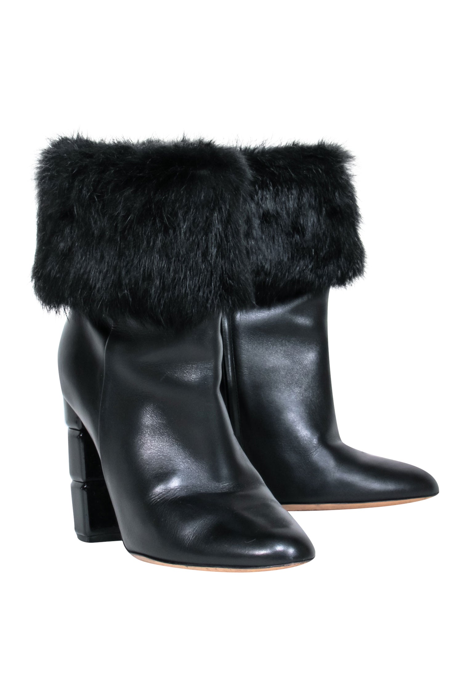 Ferragamo Black Leather Ankle Booties with Luxurious Fox Fur - Size 7