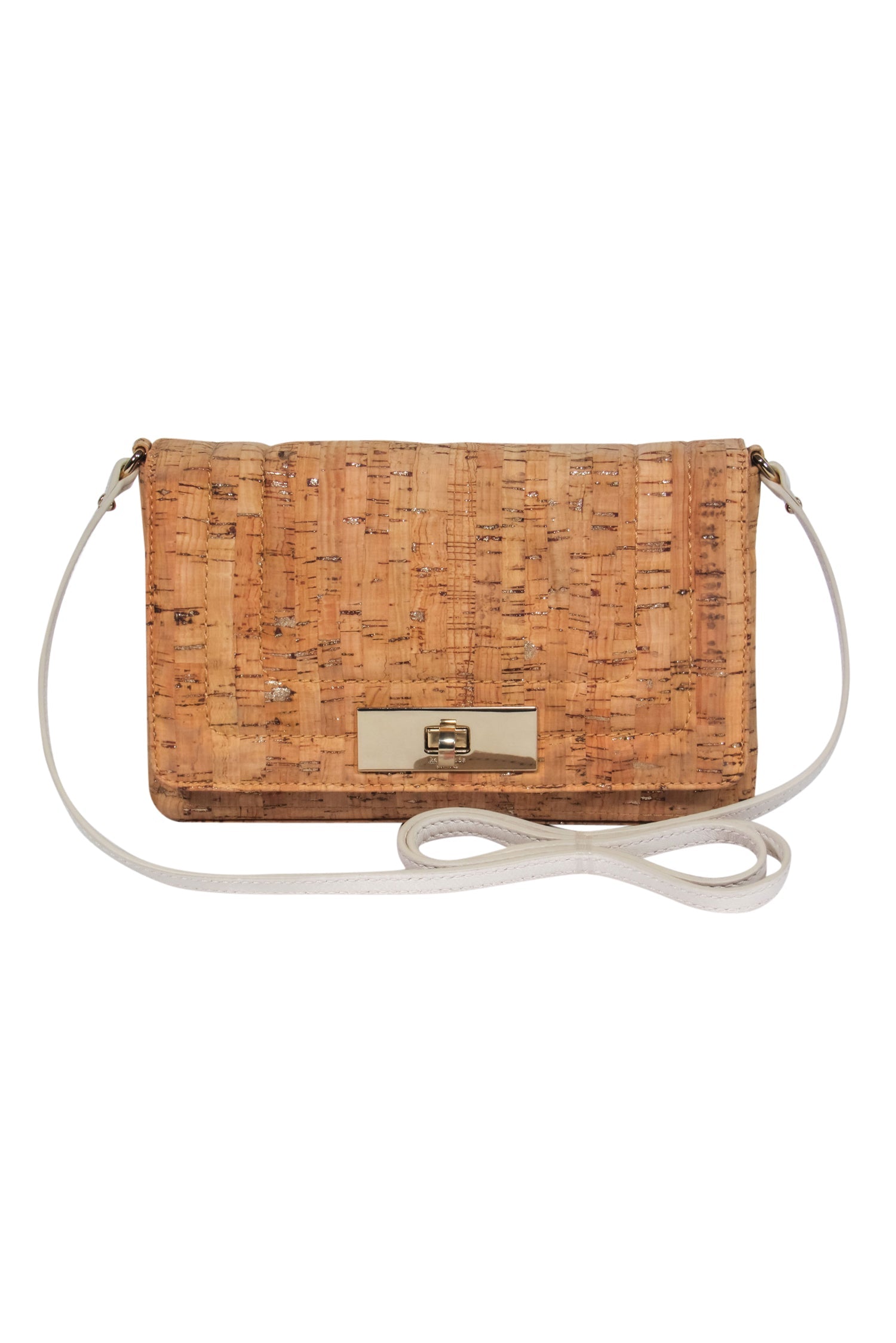 Kate Spade - Glamorous Beige Cork-Style Gold Metallic Fold-Over Crossbody Bag