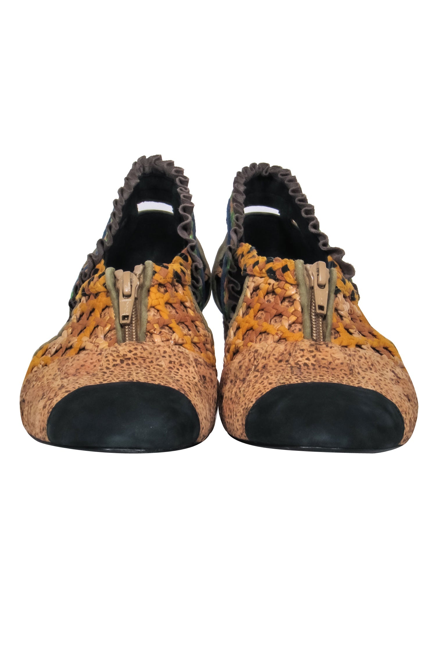 Kronkron - Stunning Tan & Muted Multicolor Woven Chunky Heels with Cutout, Size 10.5