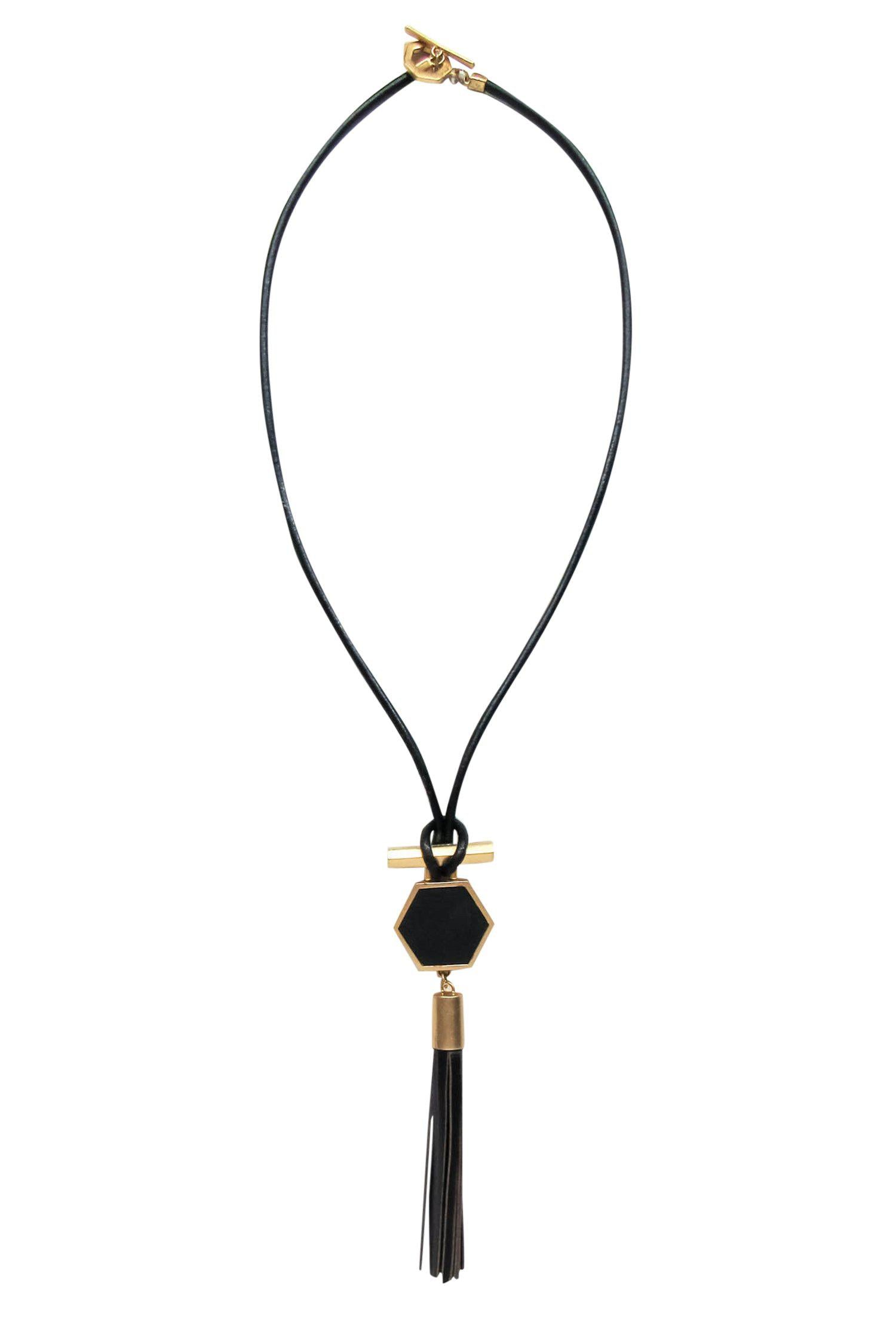 Brooks Brothers - Stunning Black Leather & Gold Hexagonal Tassel Necklace
