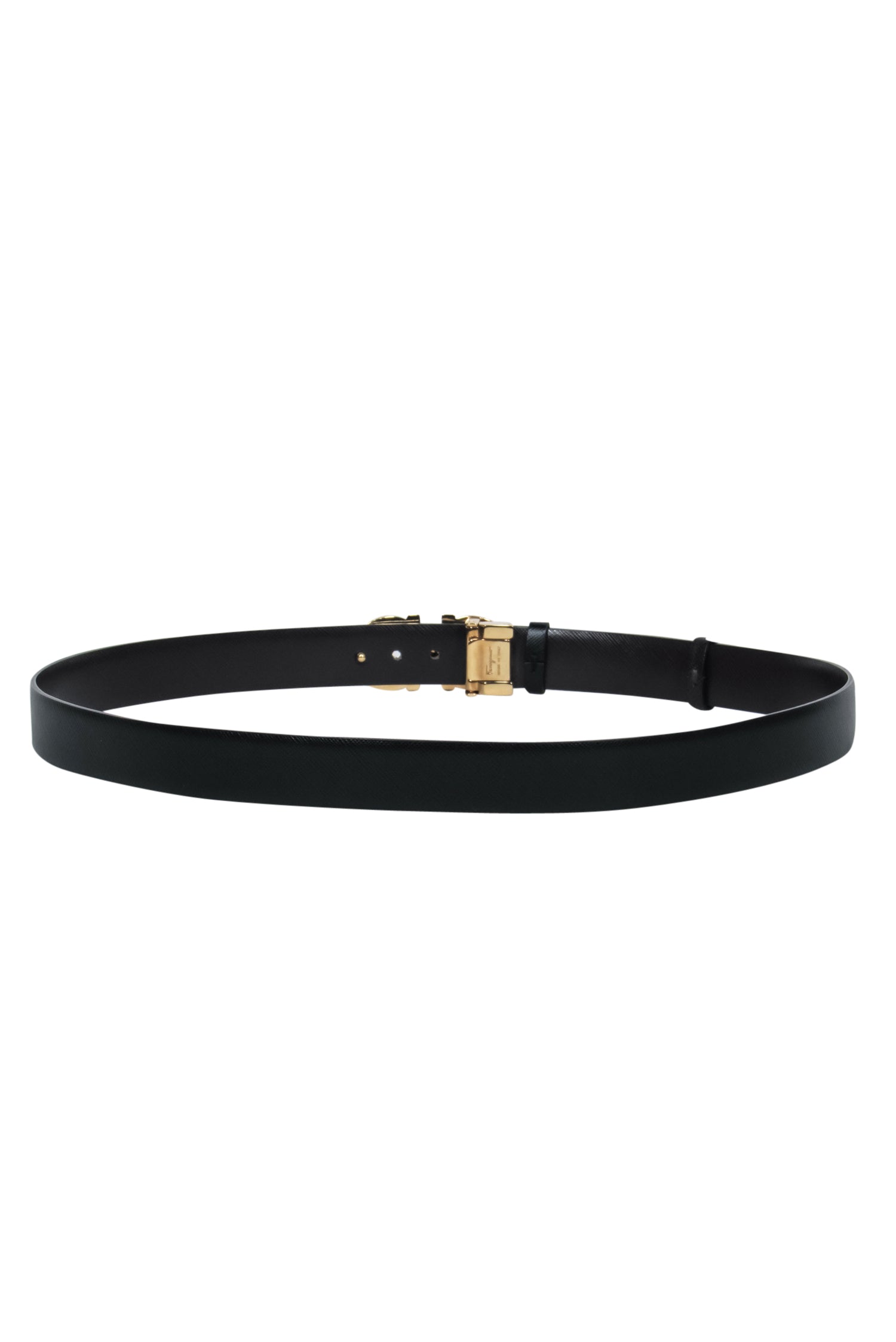 Ferragamo's Luxurious Black Textured Leather Belt with Golden Link Buckle