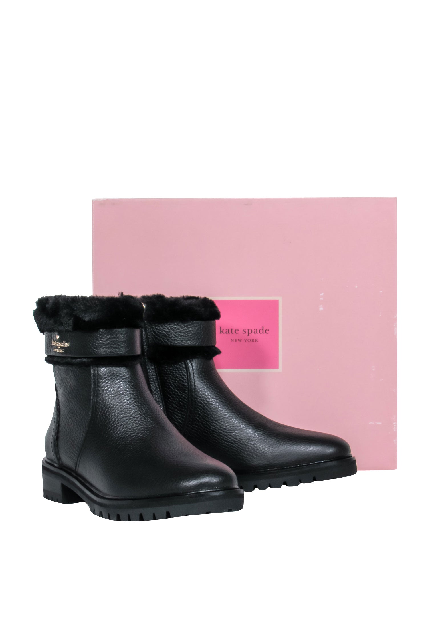 Kate Spade Bailee Winter Bootie - Black Leather with Faux Fur Trim, Size 6.5