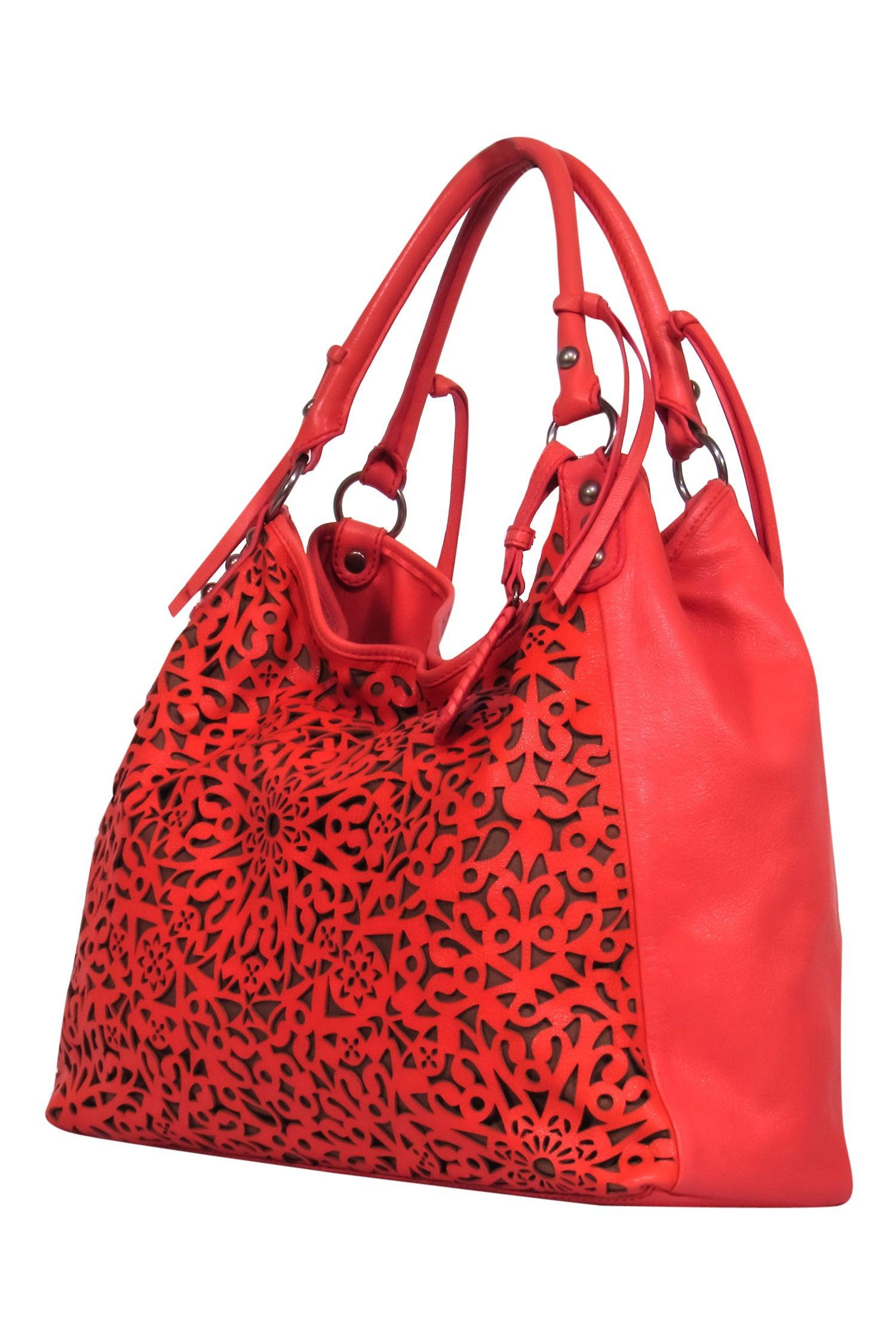 Isabella Fiore - Stunning Bright Coral Leather Lasercut Floral Tote Bag
