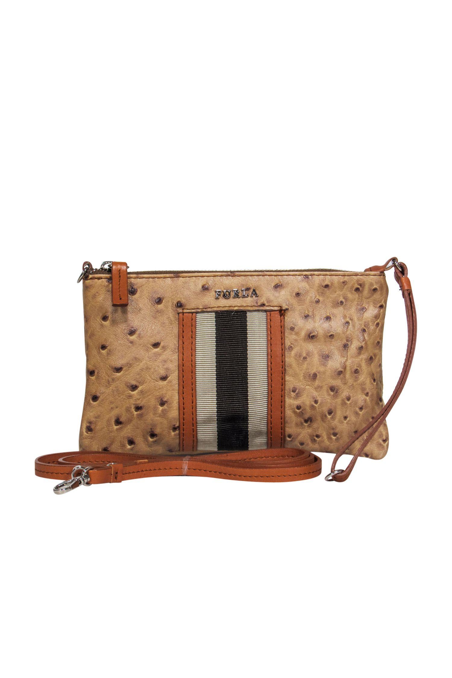 Furla - Chic Taupe Ostrich Leather Mini Convertible Wristlet for Stylish Outings