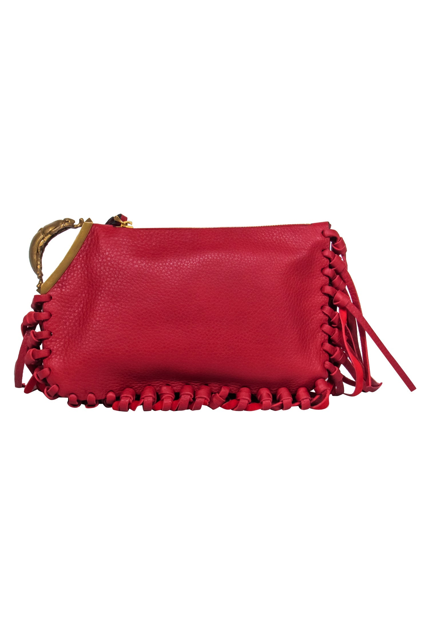 Valentino's Stunning Red Textured Leather Fringed Clutch with Beetle Handle