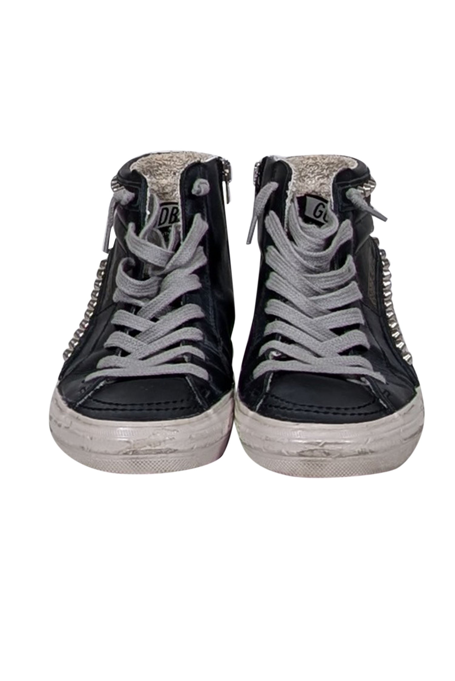 Golden Goose - Edgy Black Leather Slide Mid-Top Studded Sneakers, Size 7