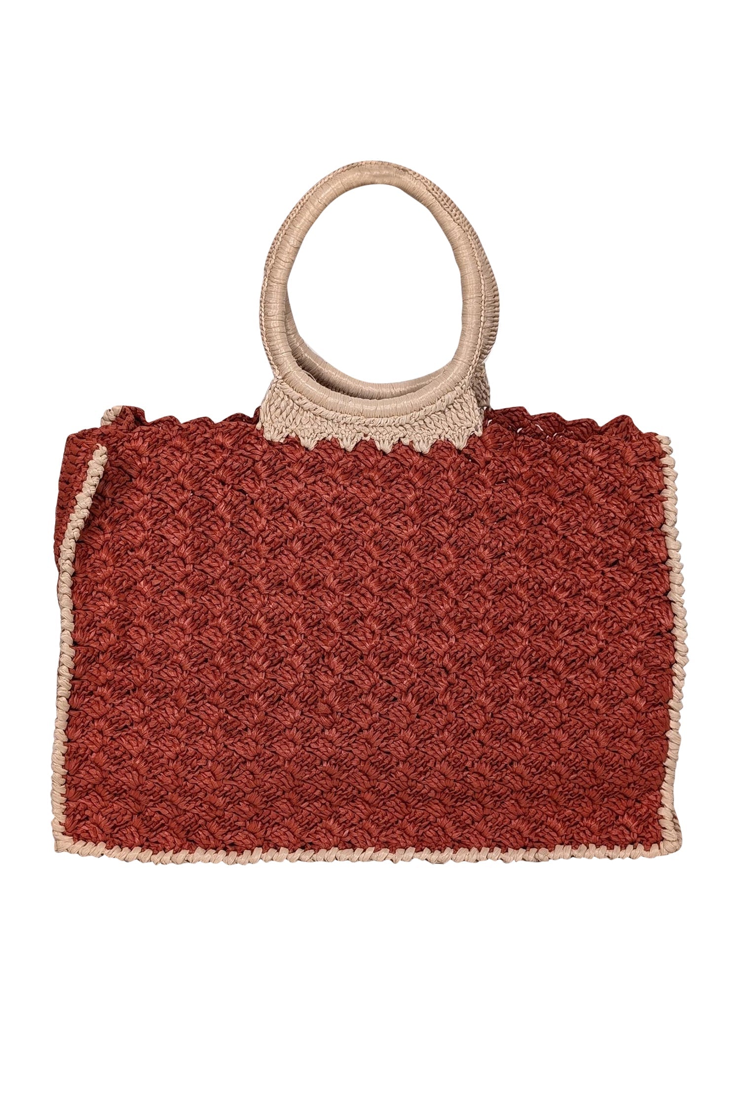 Carrie Forbes - Stunning Rust Orange & Beige Raffia Woven O Ring Handbag