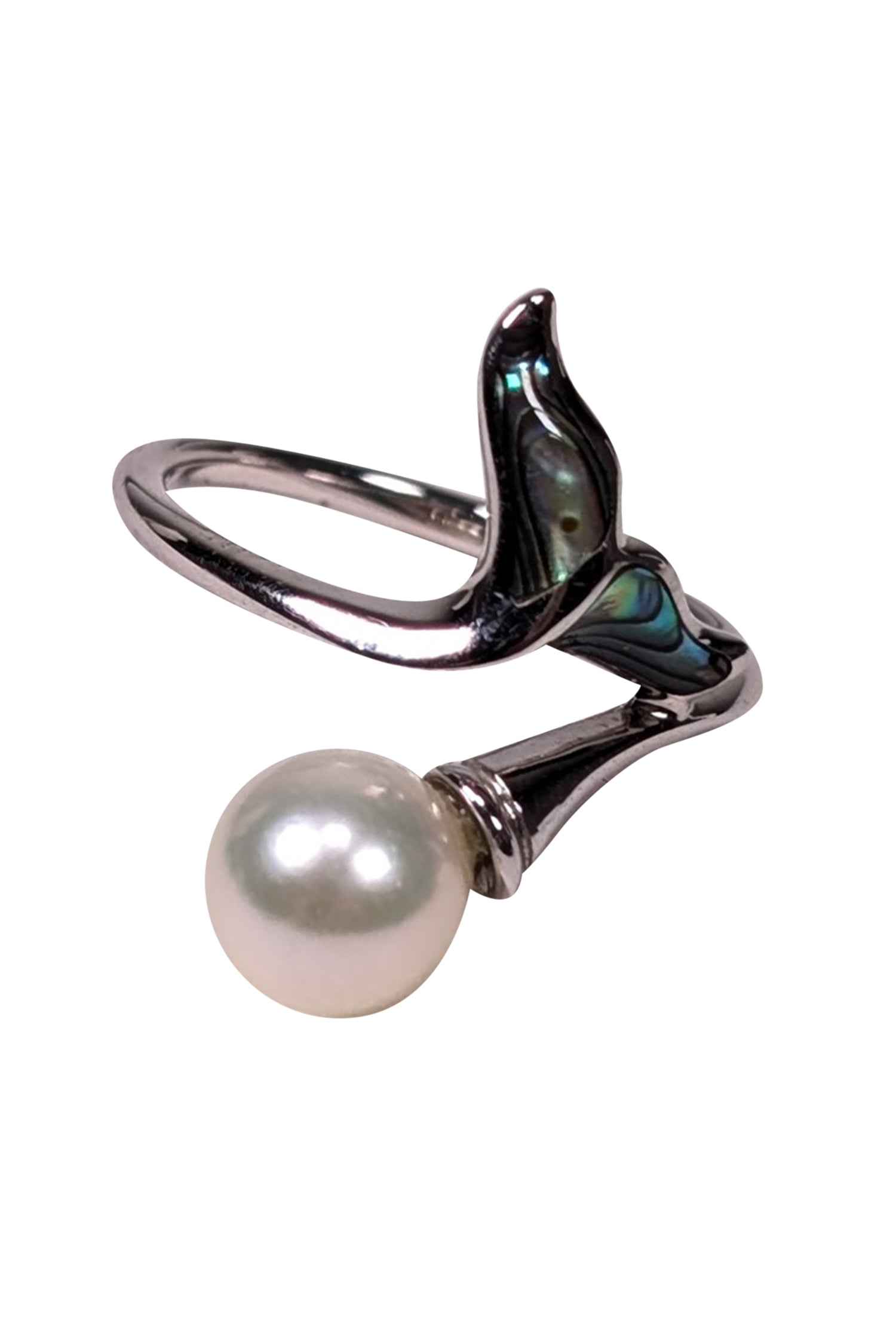 Pearl Factory's Enchanting White 14K Gold Ring with Center Pearl and Teal Mermaid Tail - Size 6