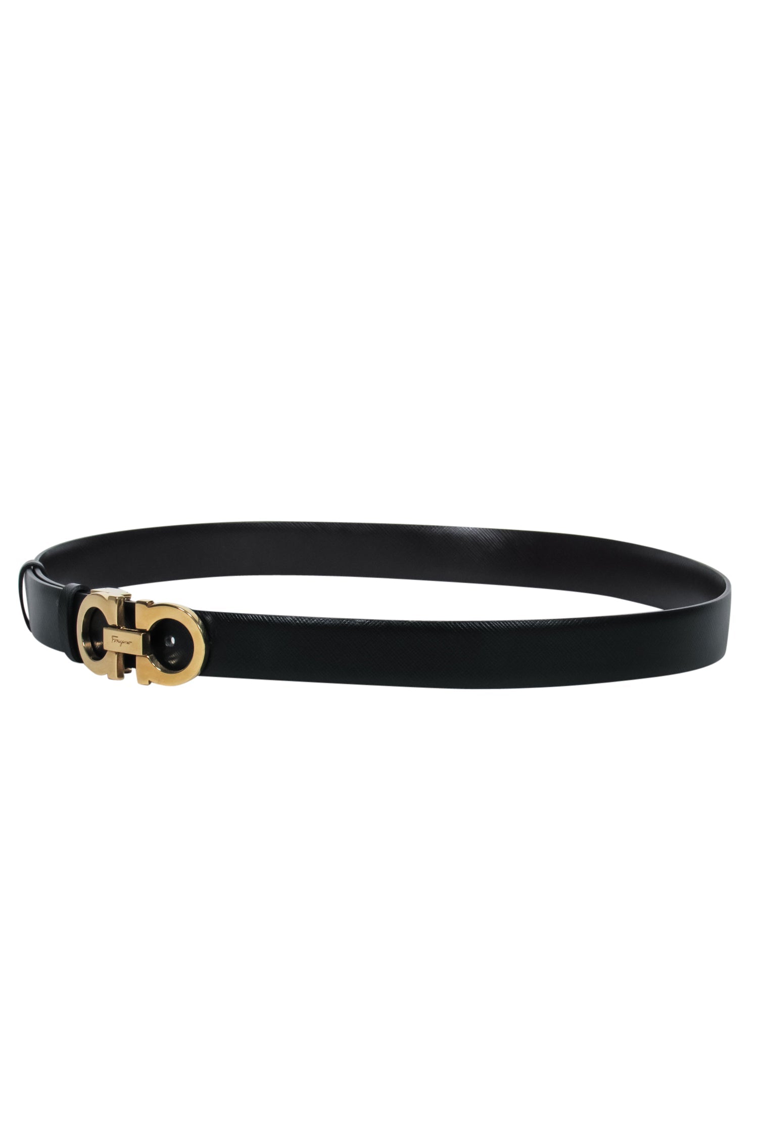 Ferragamo's Luxurious Black Textured Leather Belt with Golden Link Buckle