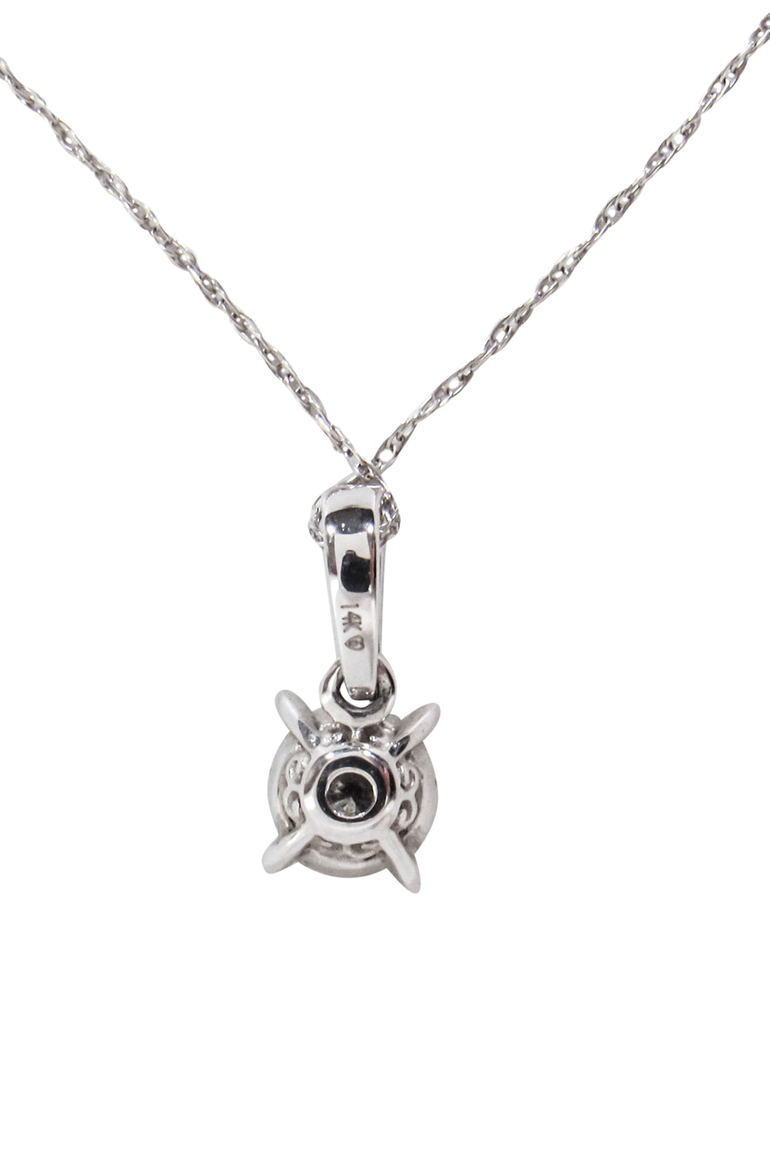 No Label - Exquisite 14K White Gold Chain with Halo Diamond Pendant Necklace