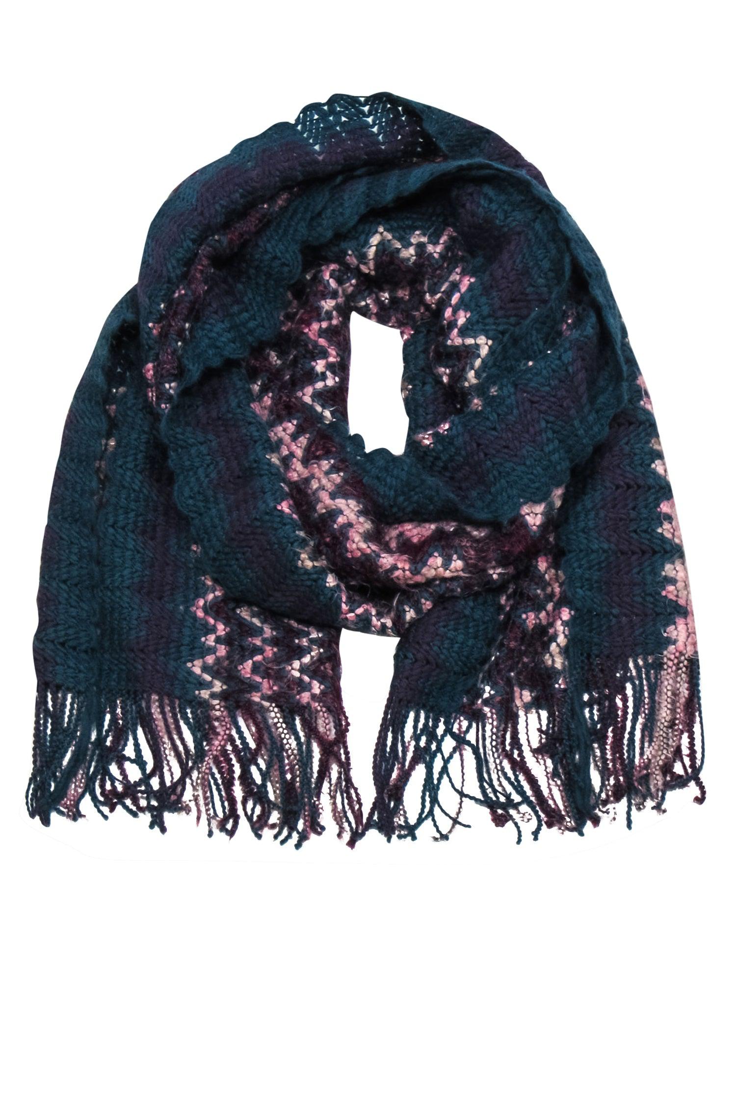 Missoni - Stunning Dark Teal, Purple & Pink Chevron Knit Wool Blend Scarf with Fringe