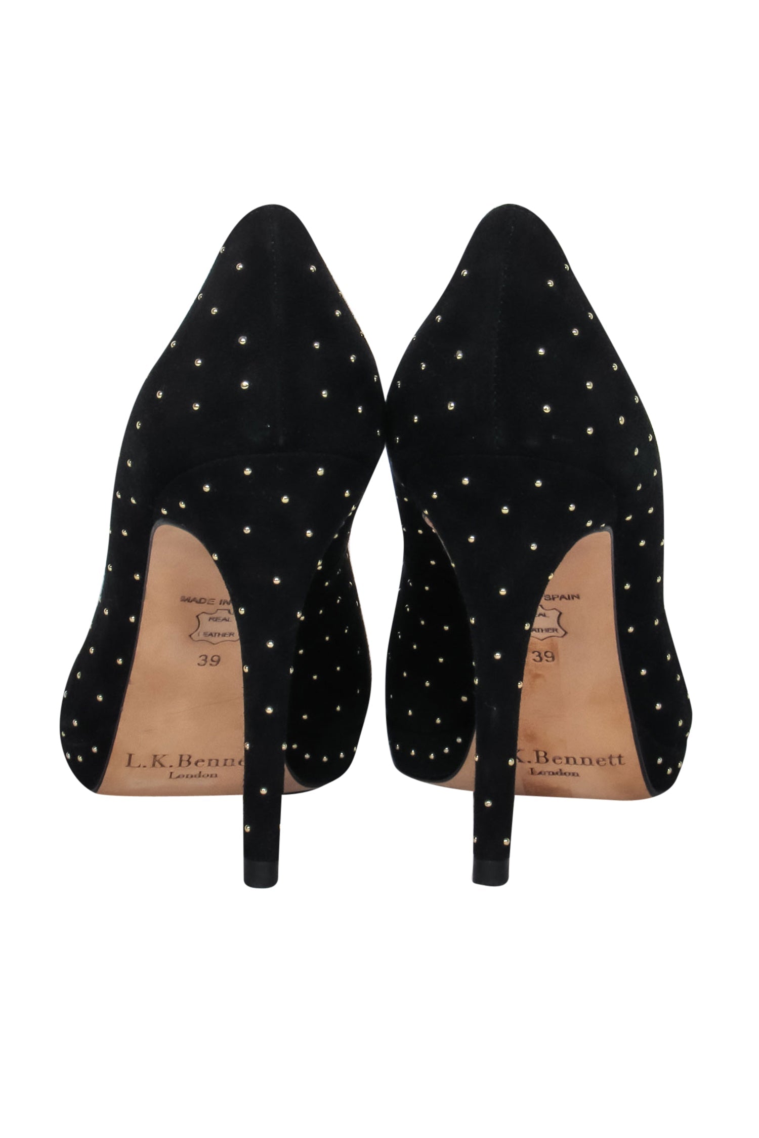 L.K. Bennett Black Suede Gold Studded Pointed-Toe Pumps - Size 8