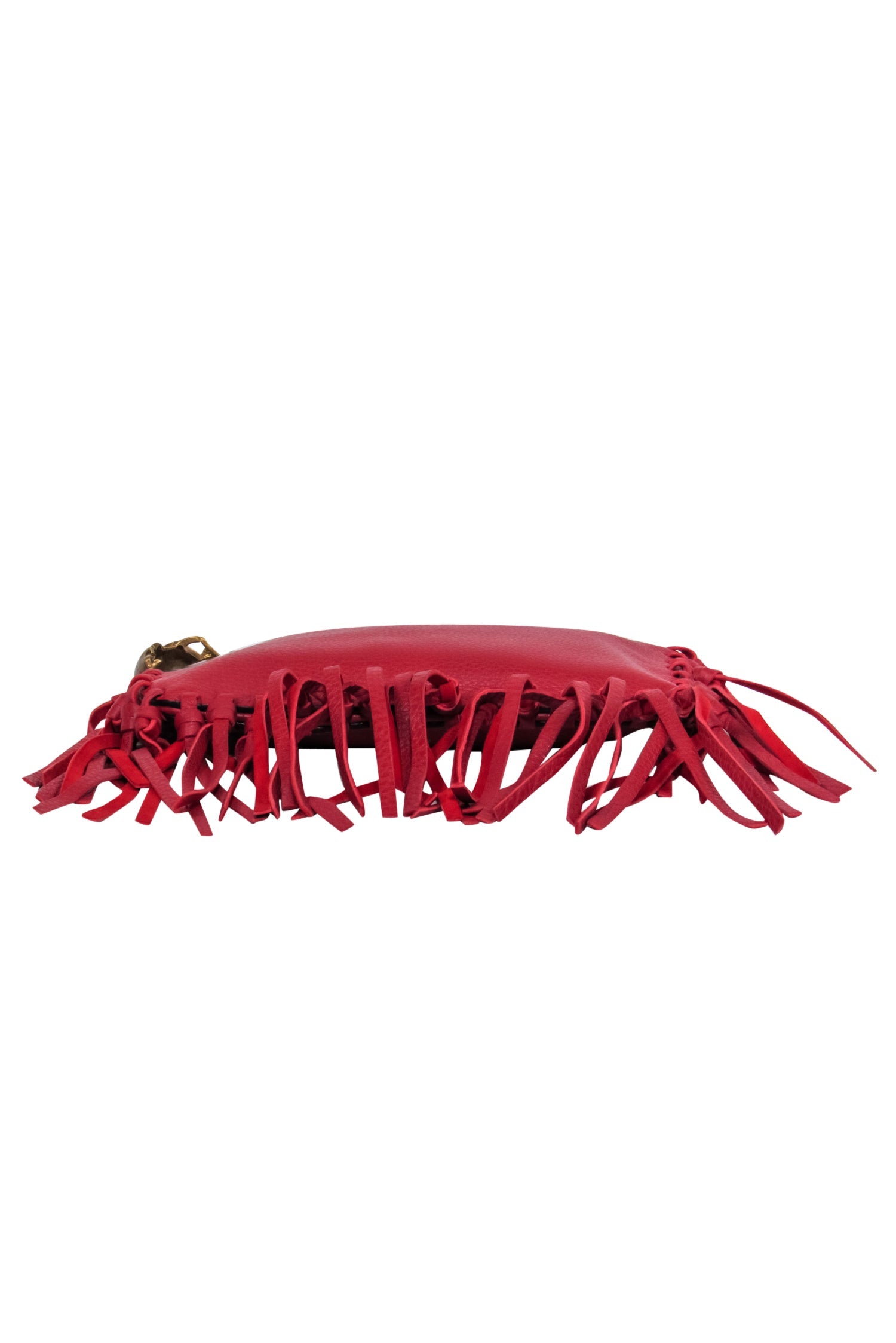 Valentino's Stunning Red Textured Leather Fringed Clutch with Beetle Handle