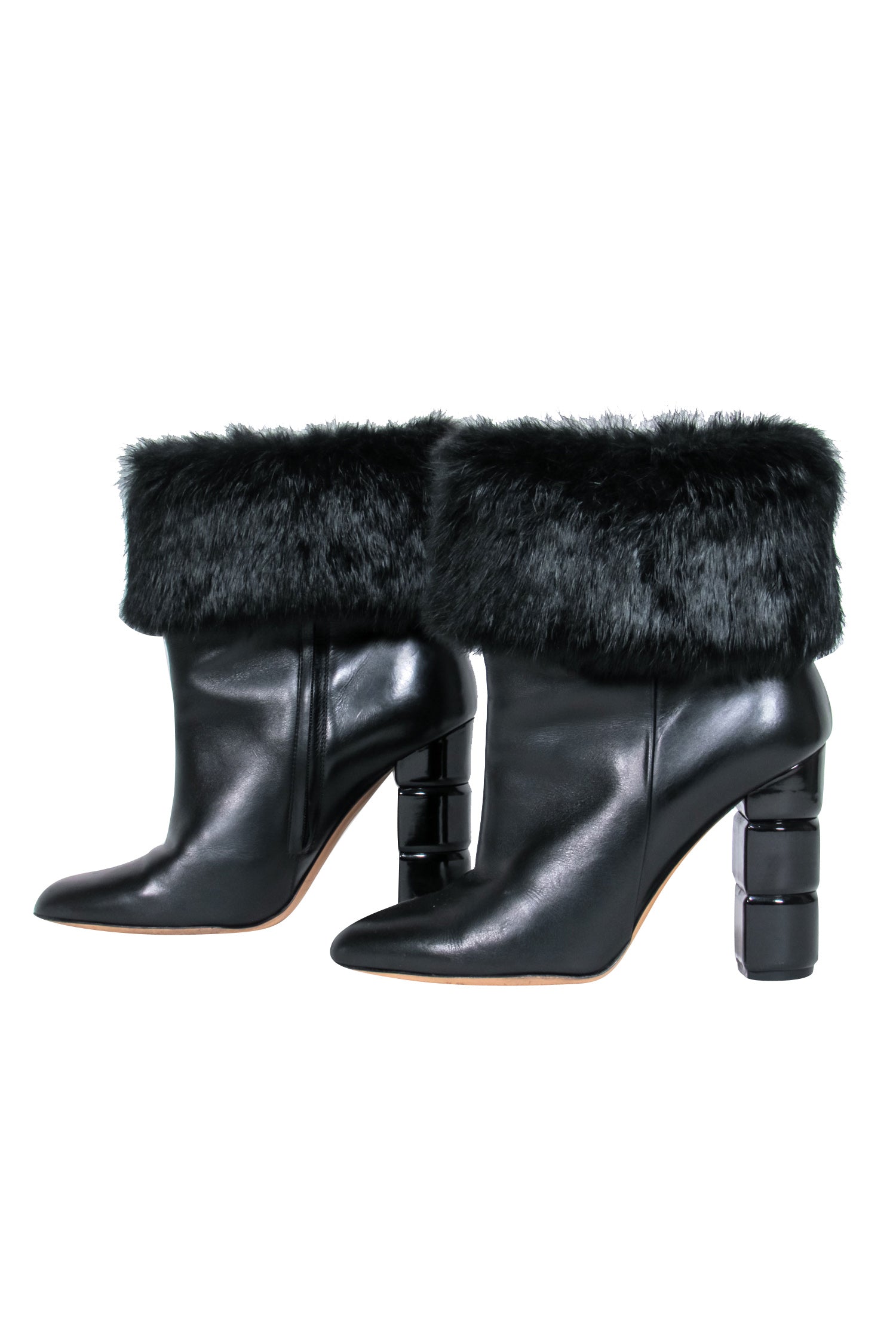 Ferragamo Black Leather Ankle Booties with Luxurious Fox Fur - Size 7
