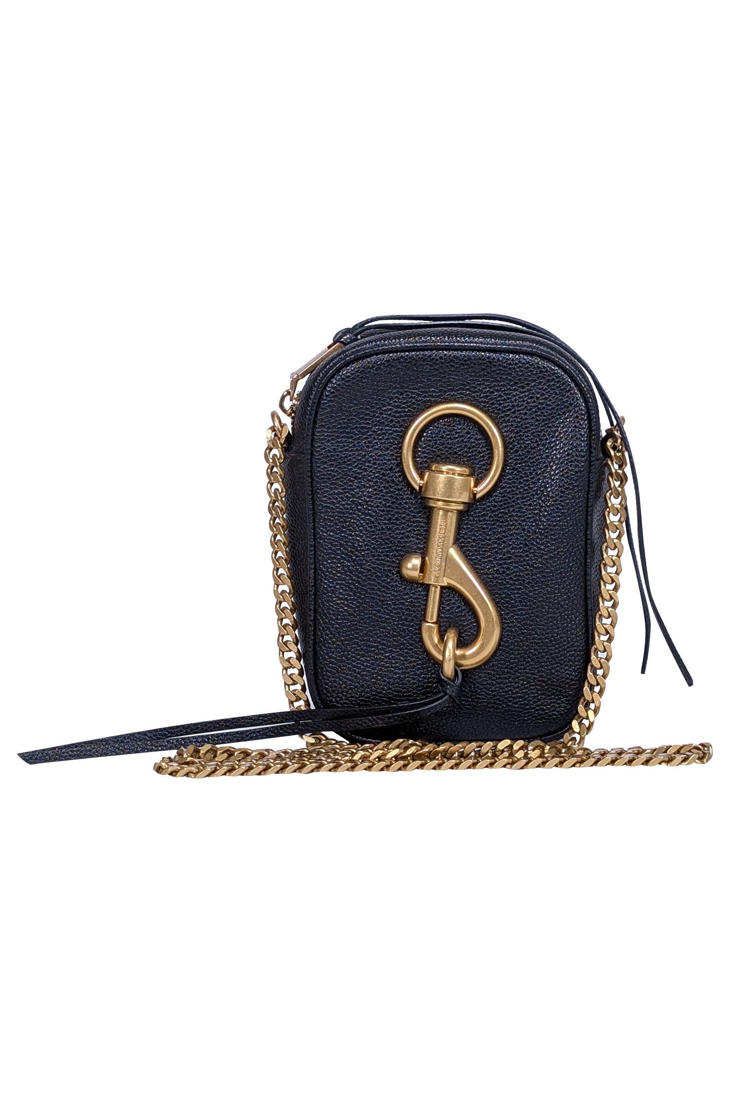 Rebecca Minkoff's Glamorous Black Pebbled Leather Crossbody Bag with Large Front Hook