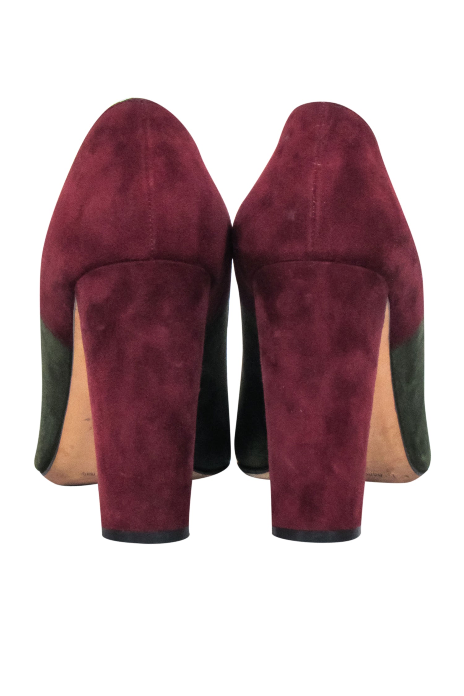 Manolo Blahnik - Stunning Maroon & Olive Green Color Block Pointed Toe Pumps in Size 8