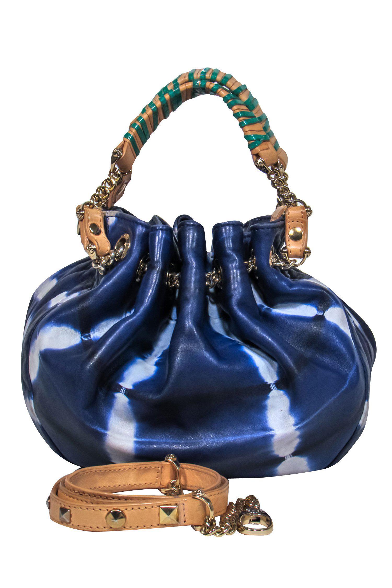Henri Bendel's Chic Small Blue Tie-Dye Leather Bucket Bag with Green Trim