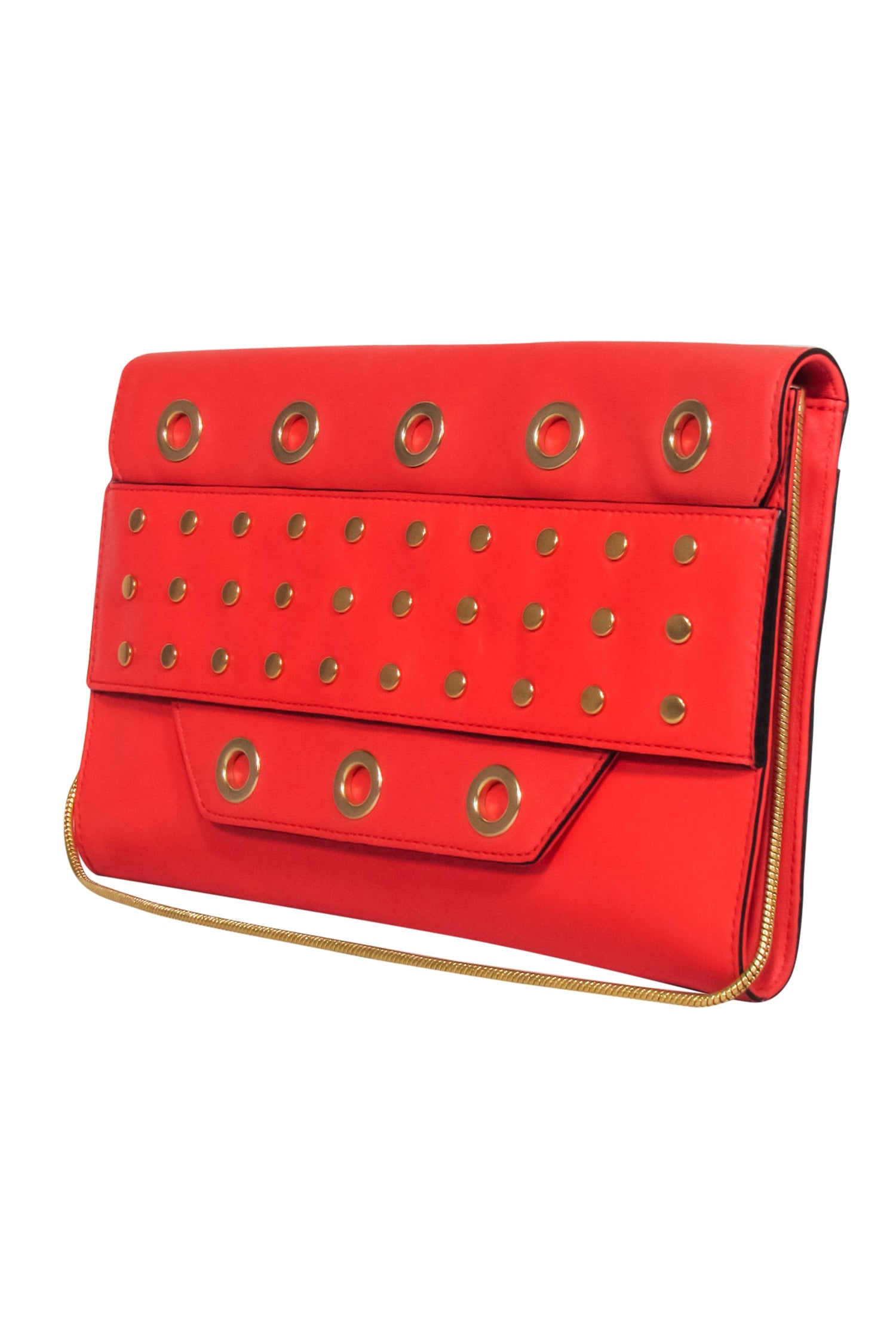 Milly Red Leather Clutch with Gold Grommets and Strap - A Bold Fashion Statement