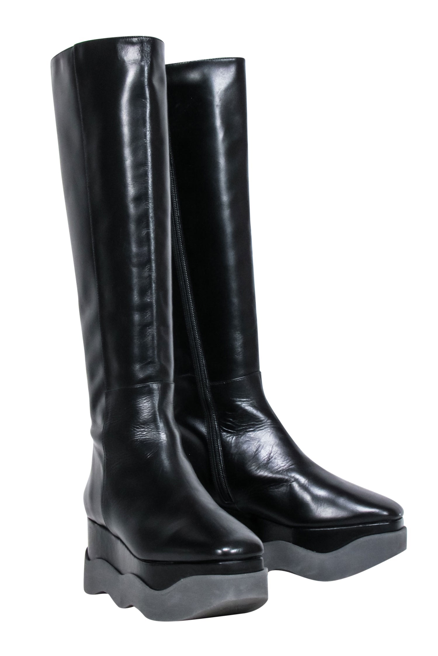 Paloma Barcelo Black Leather Tall Platform Boots - Size 8.5