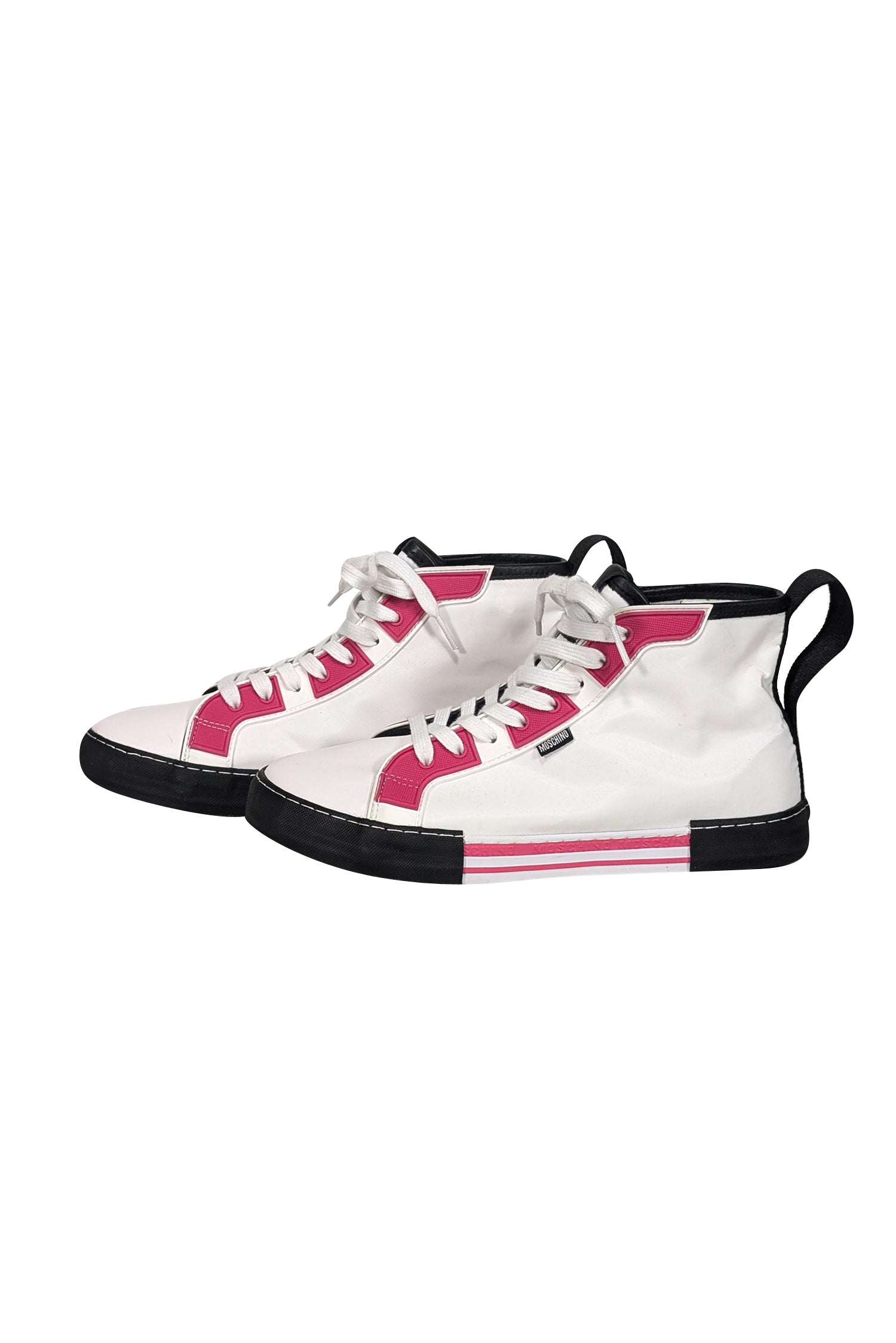 Moschino Stylish White, Pink & Black High - Top Sneakers - Size 11