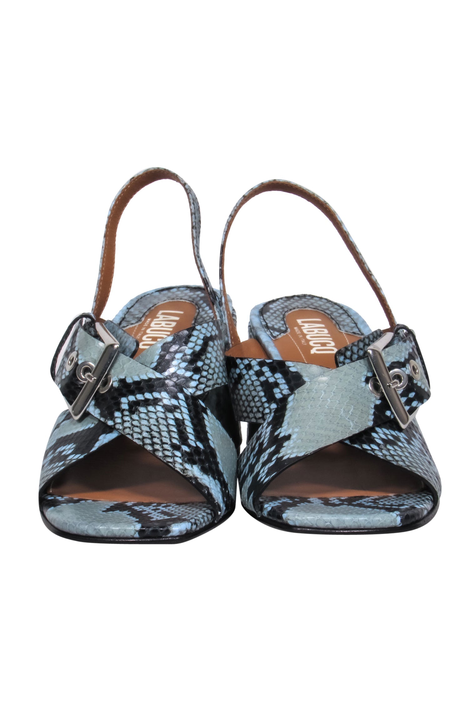 Labucq Blue & Black Snakeskin Strappy Block Heel Square Toe Sandals - Size 6.5