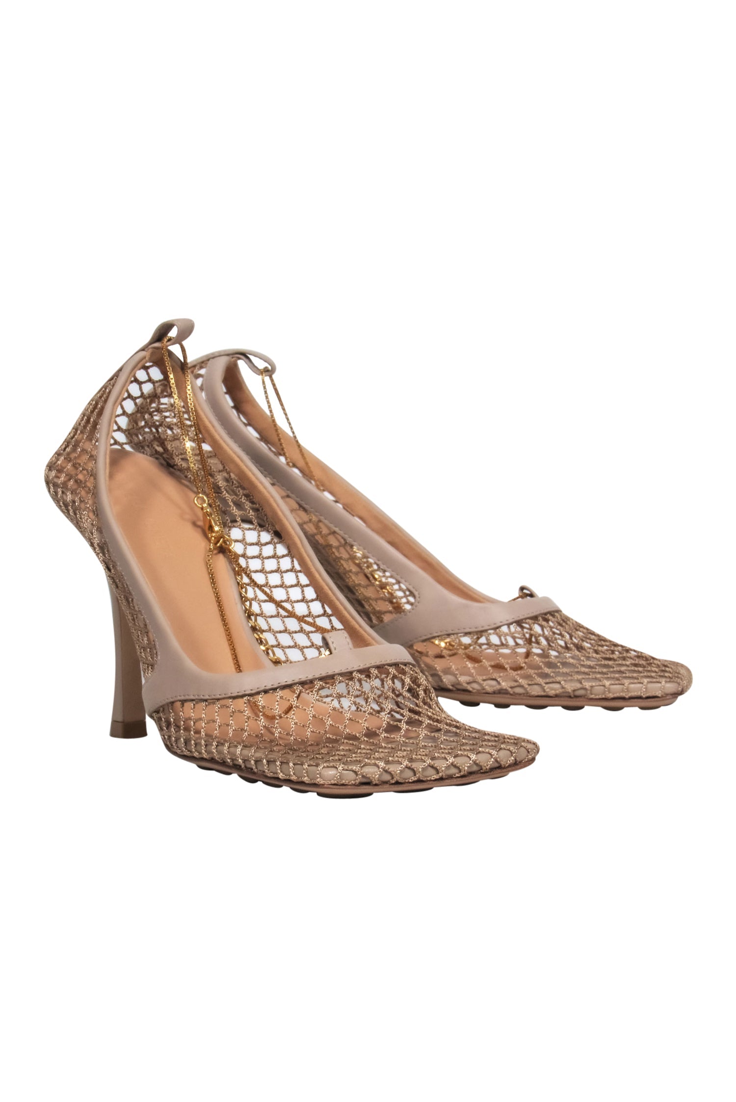 Bottega Veneta Nude Mesh Heels with Gold Ankle Strap - Size 7