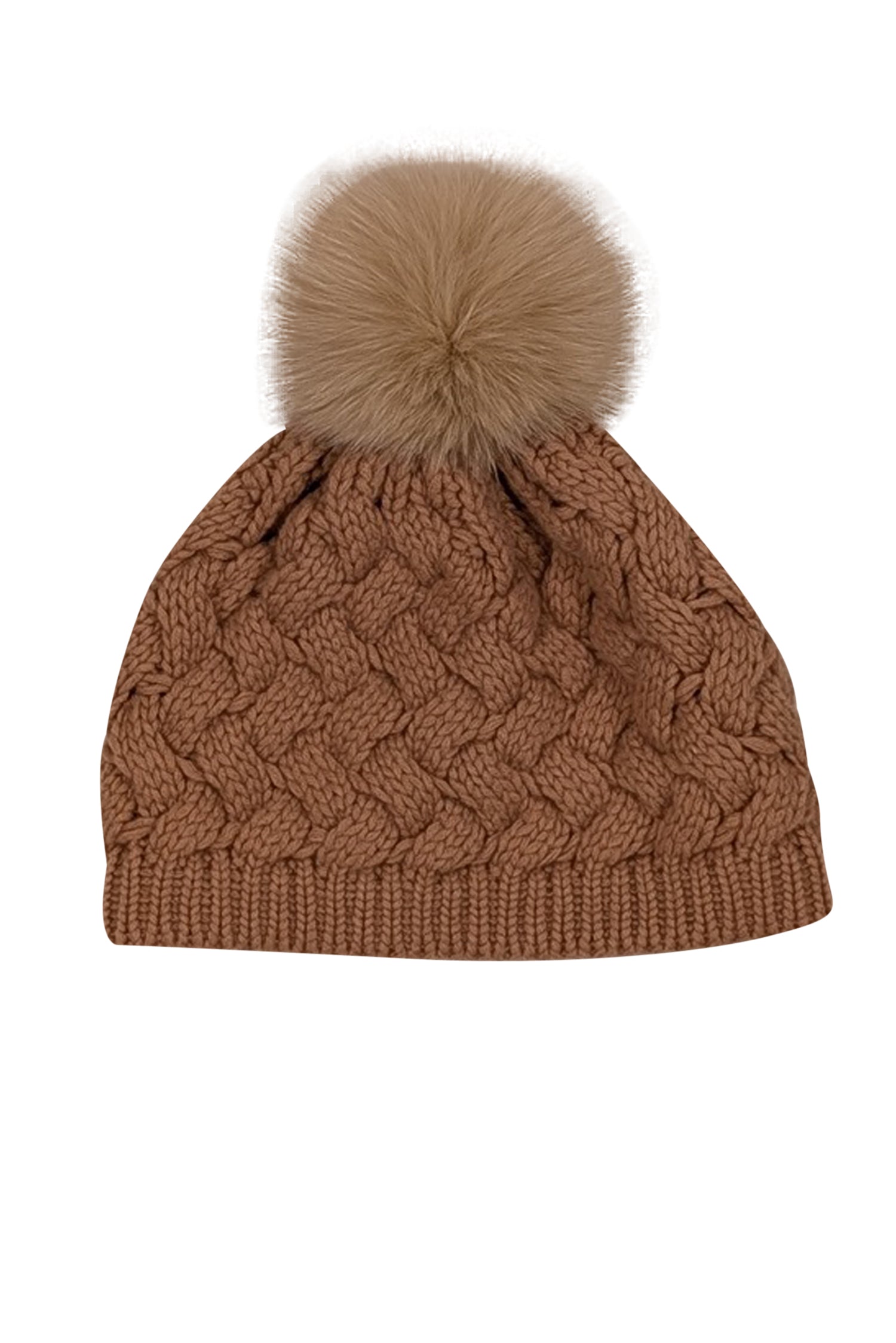 Raffaello Bettini's Luxurious Light Brown Cashmere Cable Knit Beanie with Fox Fur Pompom