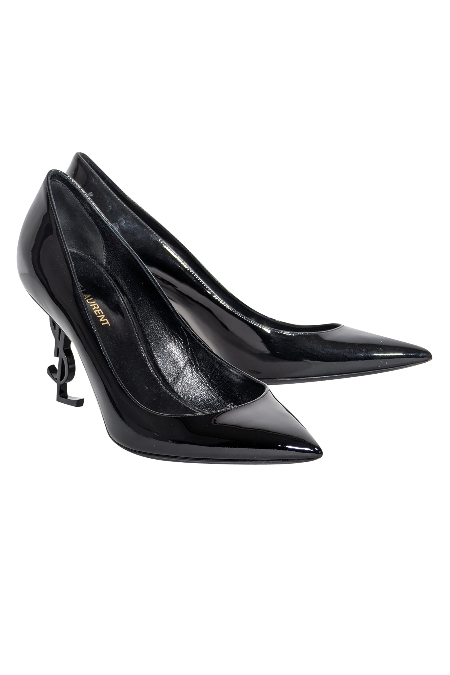 Yves Saint Laurent Black Patent Leather Pointed-Toe Logo Heel Pumps - Size 9.5